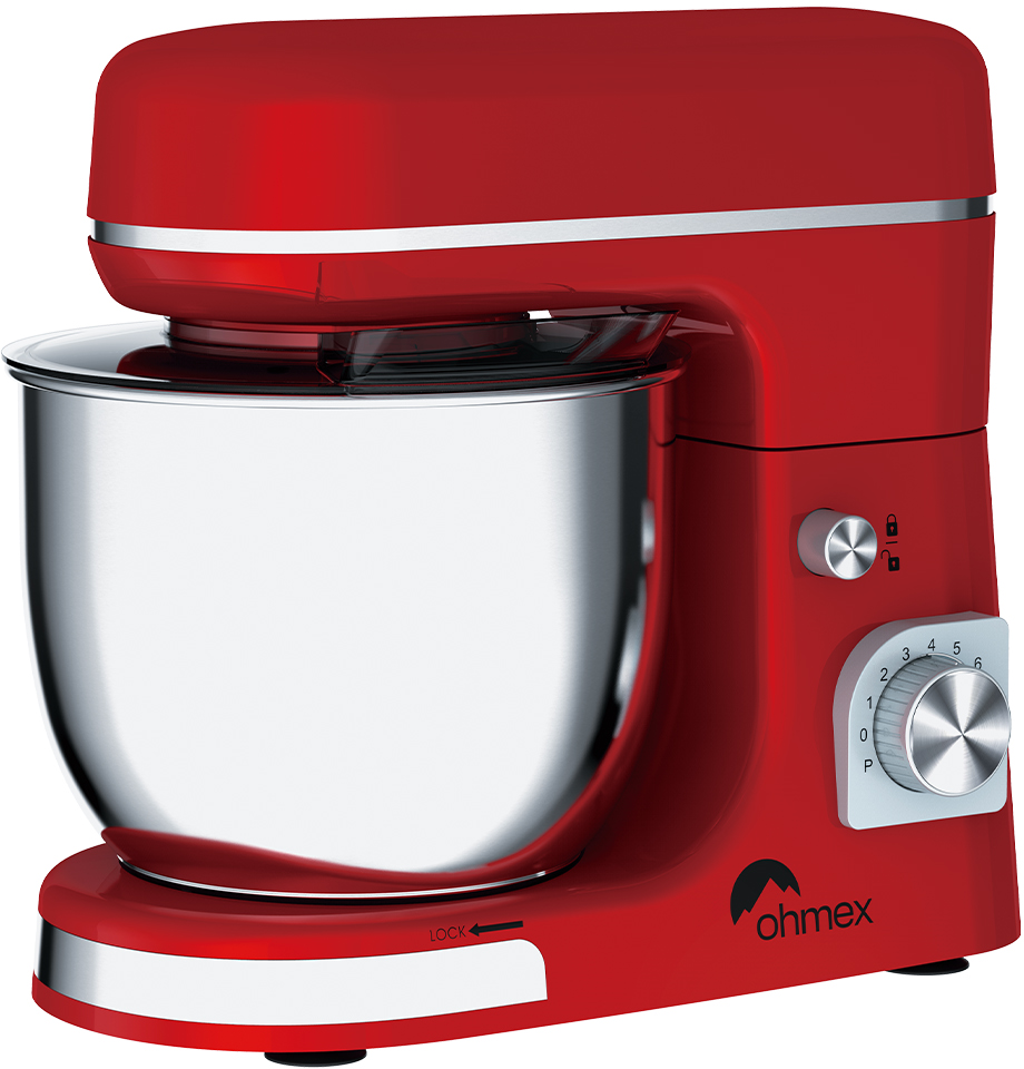 Robot pâtissier rouge avec un bol en acier inoxydable et un cadran. Logo Ohmex.