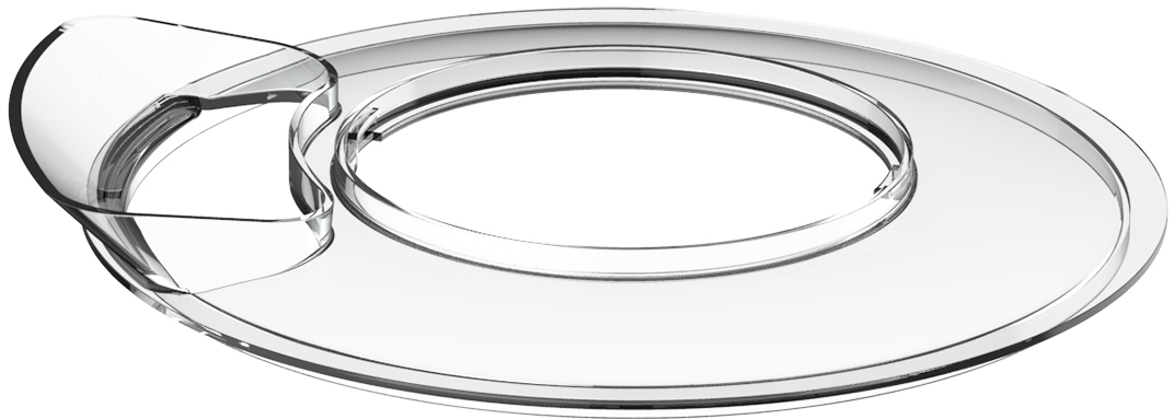 Un plateau en plastique transparent et clair avec une extension en forme de poignée et un design circulaire.