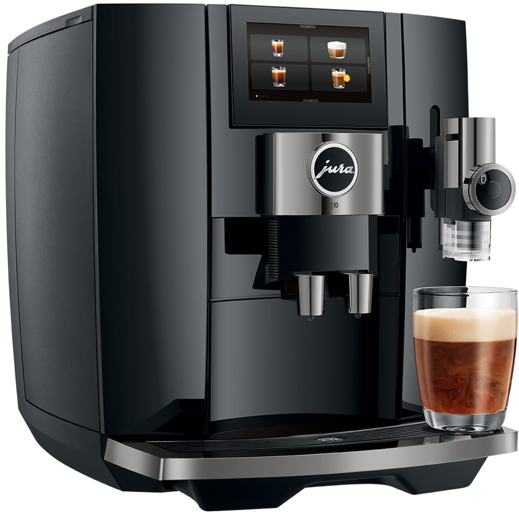 Macchina da caffè Jura nera con un bicchiere di caffè davanti.