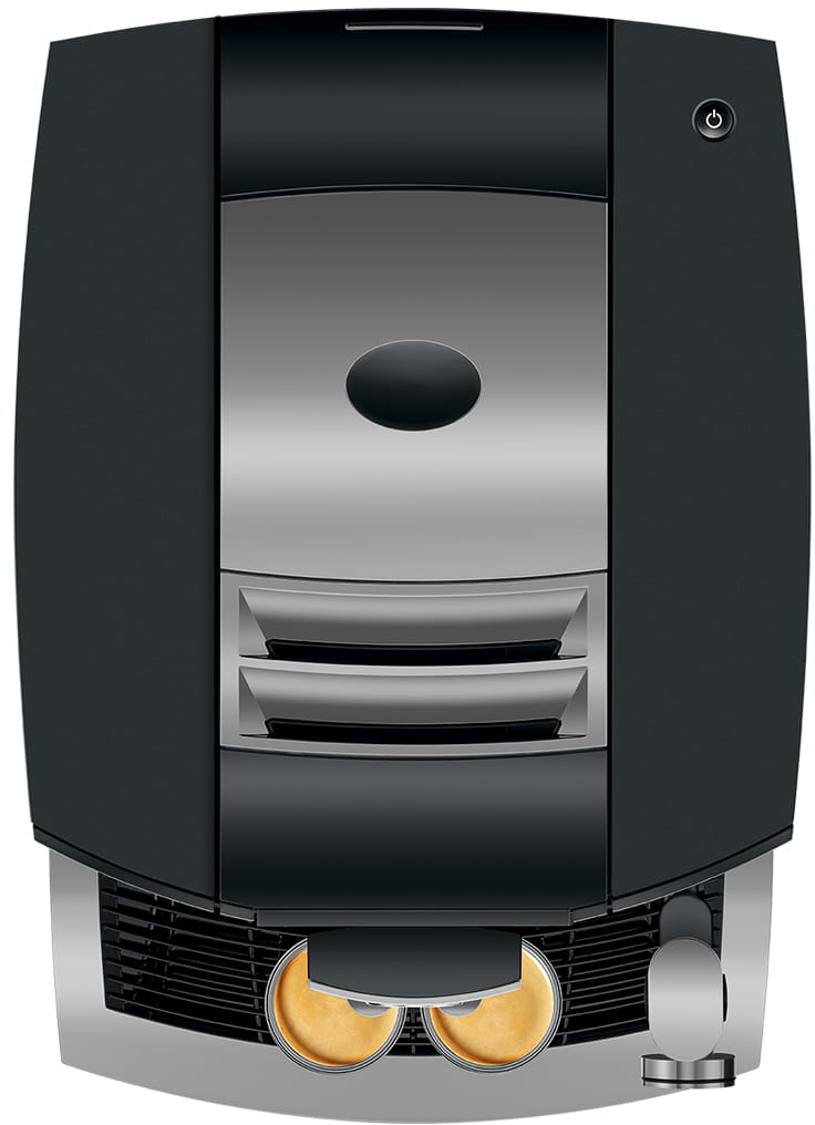 Macchina da caffè nera con due beccucci, un pulsante di accensione e un pannello argentato.