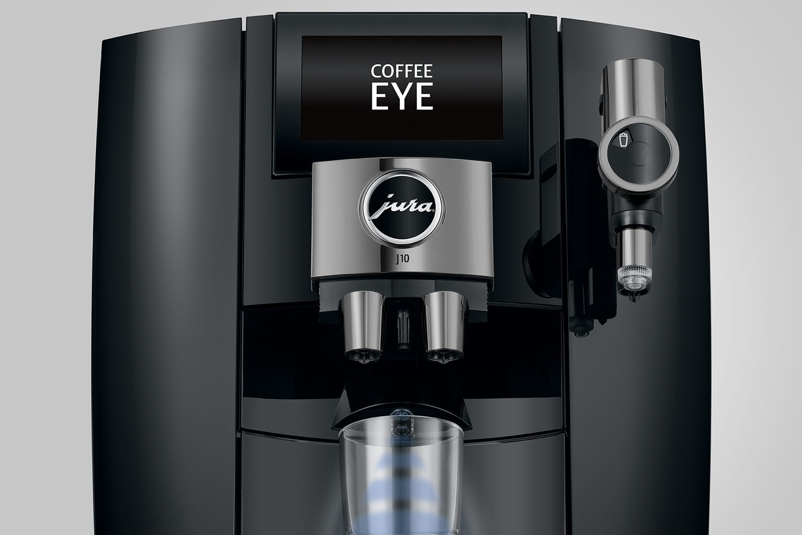 Macchina da caffè Jura nera con schermo 'Coffee Eye' e dettagli argentati.