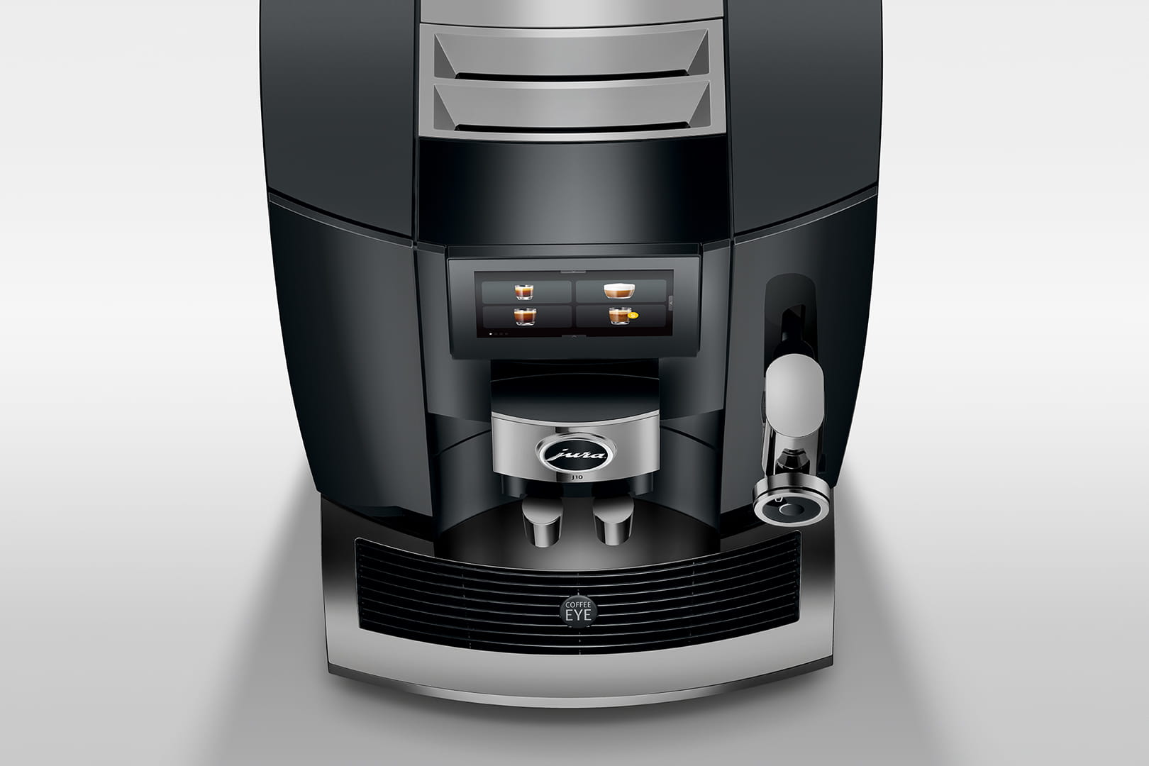 Macchina da caffè Jura nera, vista dall'alto, con display e testo Coffee Eye.