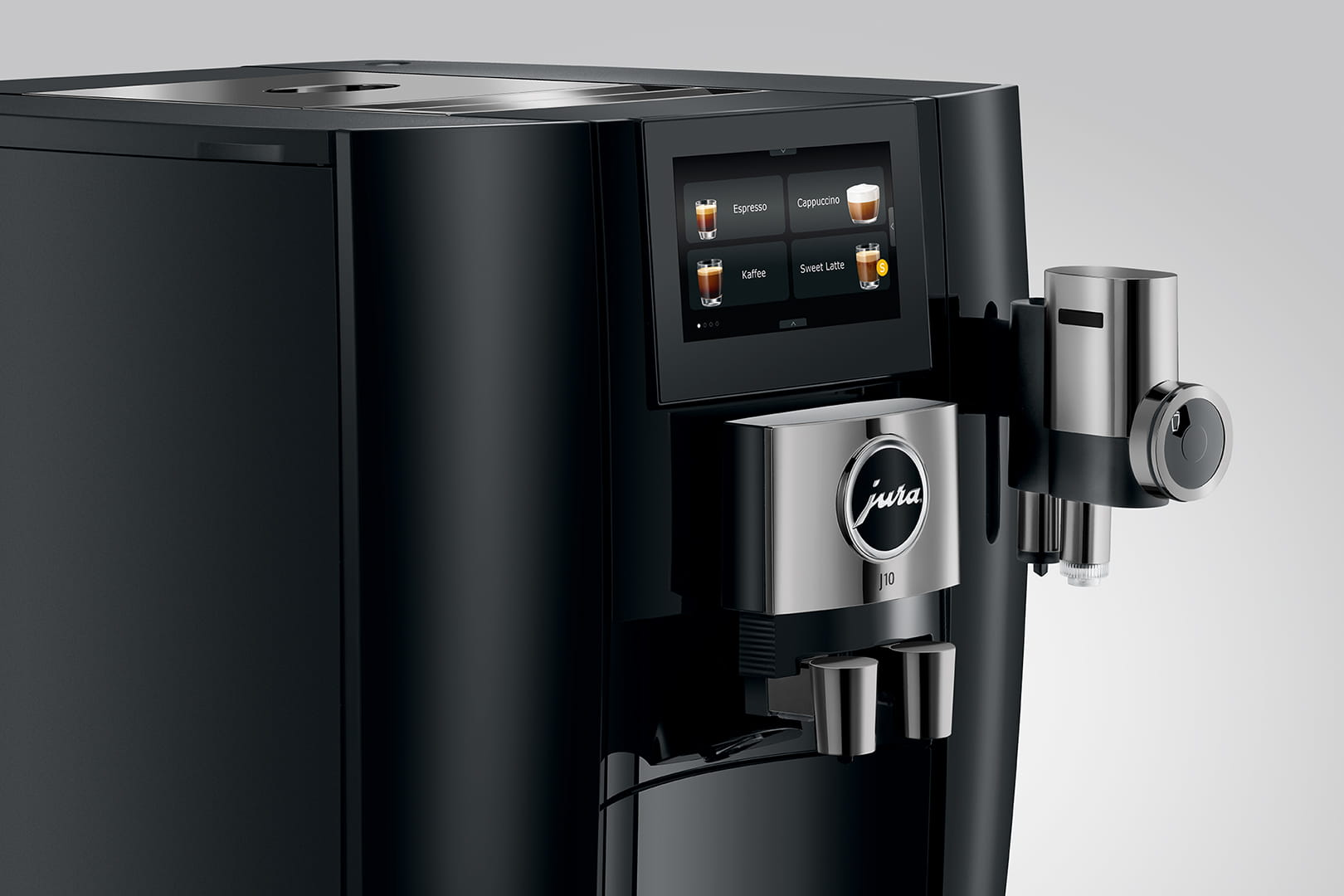 Macchina da caffè Jura nera con touchscreen, dettagli argento e beccuccio. Il display mostra le opzioni caffè.