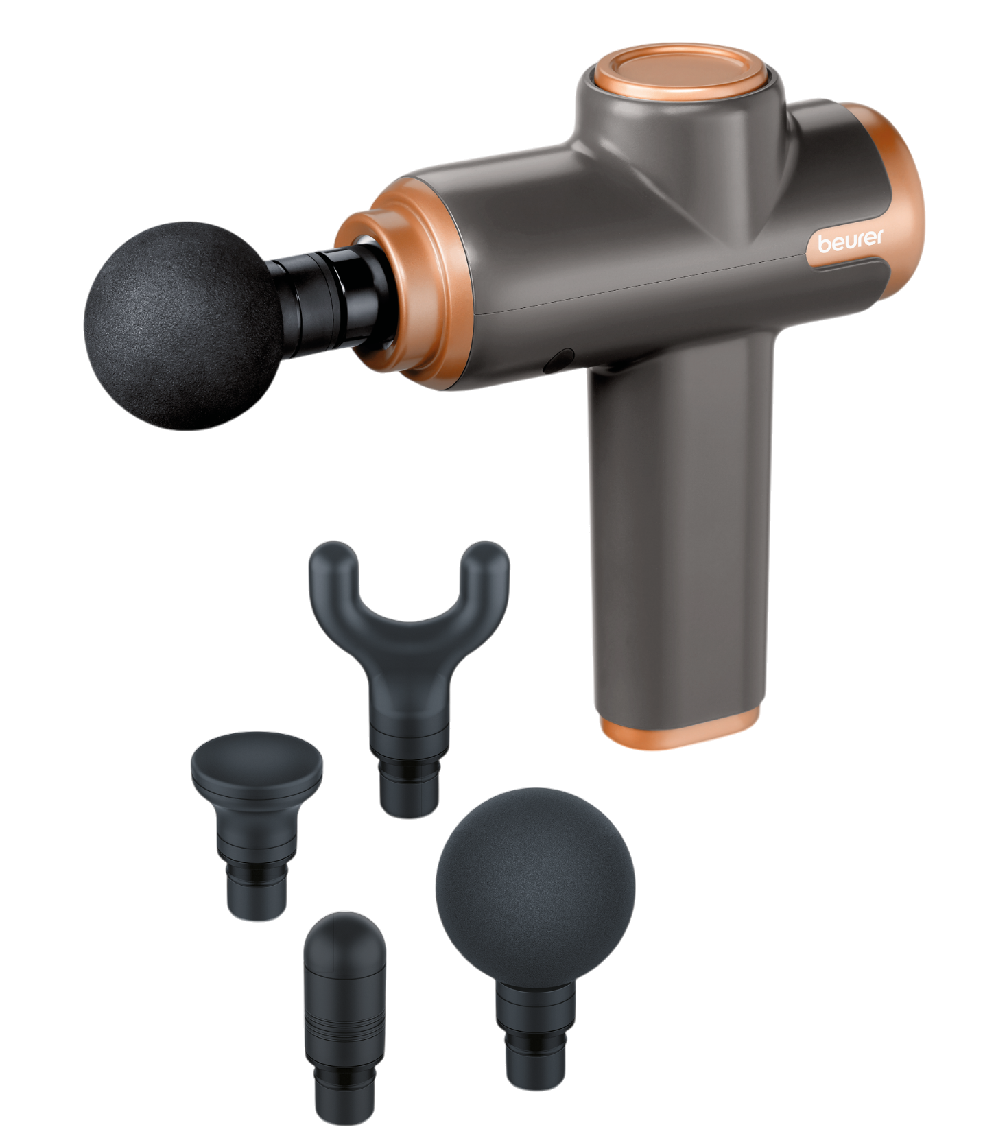 Graue Massagepistole mit mehreren Aufsätzen. Die Pistole befindet sich auf schwarzem Untergrund.