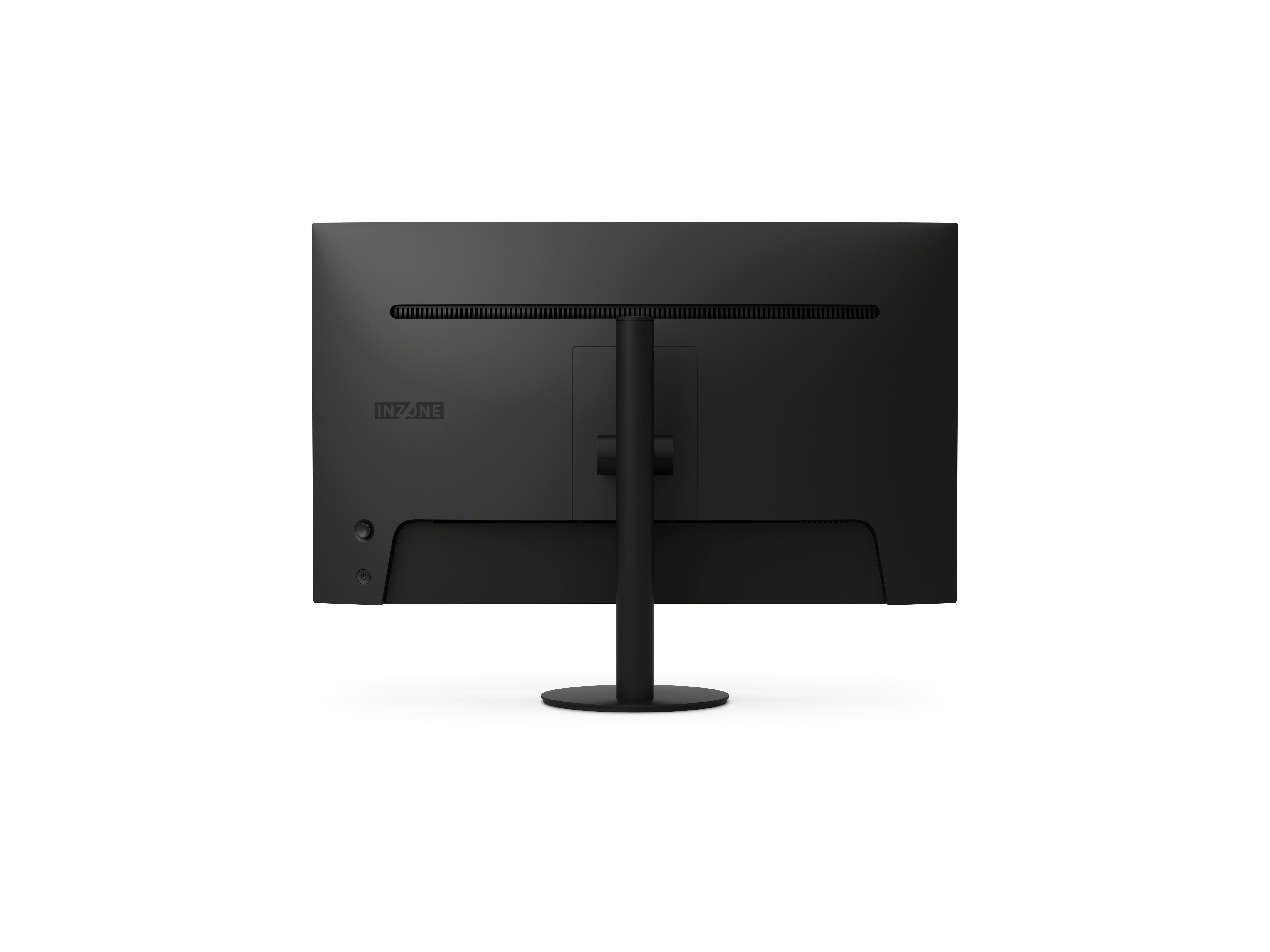 Rückansicht eines schwarzen Computermonitors auf einem Ständer. Der Markenname 'INZONE' ist sichtbar.