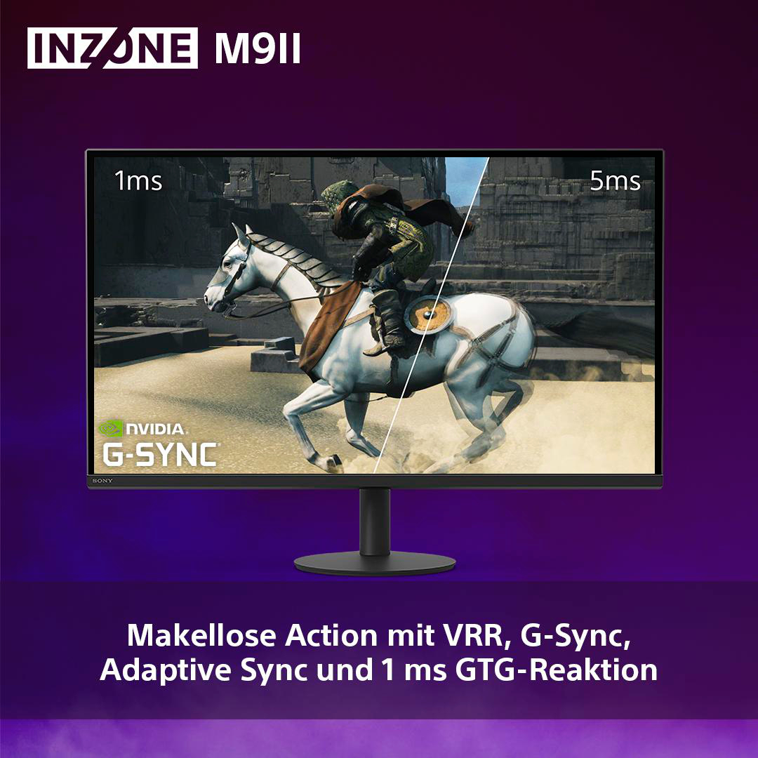 Monitor mit Ritter auf weißem Pferd im Spiel. Text: INZONE M9 II, G-Sync, Adaptive Sync.