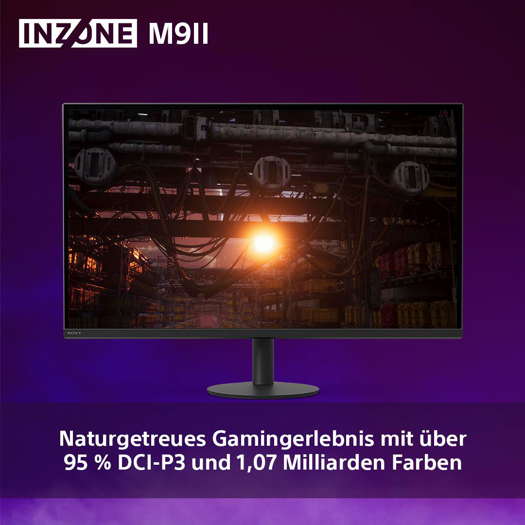 Sony INZONE M9II Monitor, der eine Sonnenuntergangsszene anzeigt. Text unten erwähnt Gaming-Erlebnis.