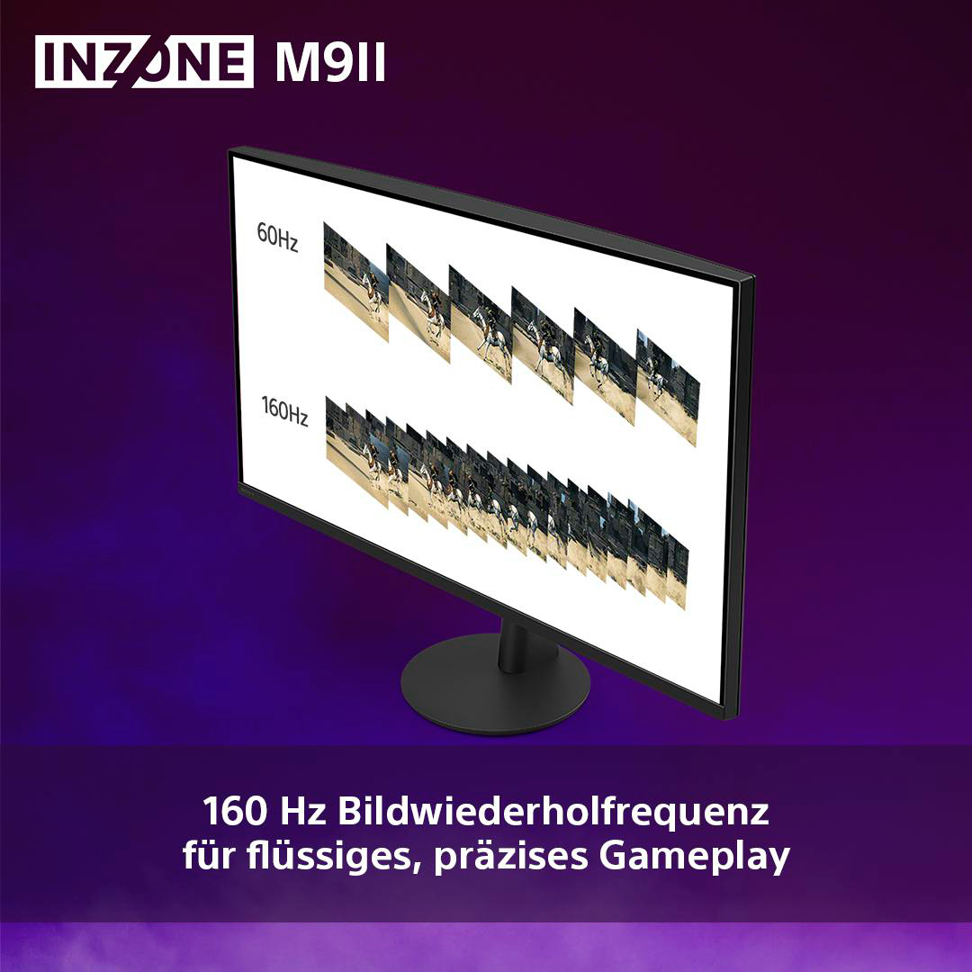 Monitor, der ein Spiel zeigt, mit zwei Abschnitten, die verschiedene Bildwiederholraten anzeigen: 60 Hz und 160 Hz.