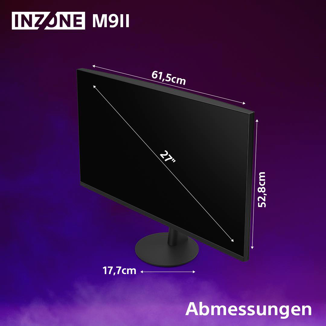 Schwarzer Computermonitor mit angezeigten Abmessungen. Der Monitor steht auf einem schwarzen Ständer, auf lila Hintergrund.
