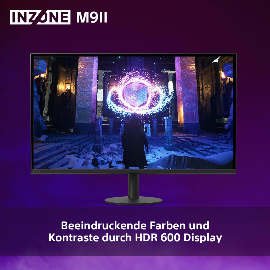 Sony INZONE M9II Monitor zeigt ein Bild einer Figur in dunkler Umgebung mit hellem Orb.