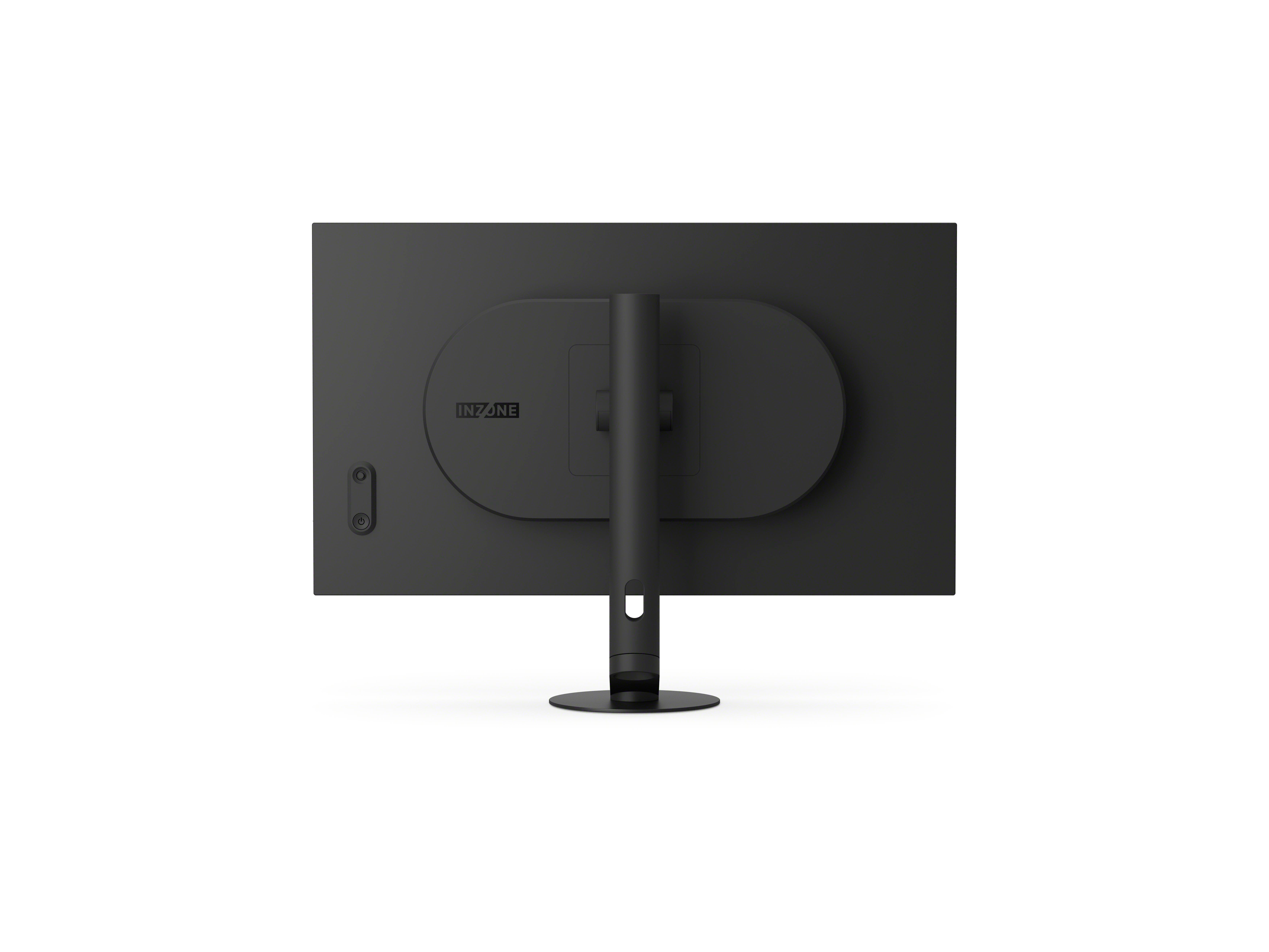 Rückseite eines schwarzen Computermonitors mit Inzone-Logo und Ständer, freigestellt.