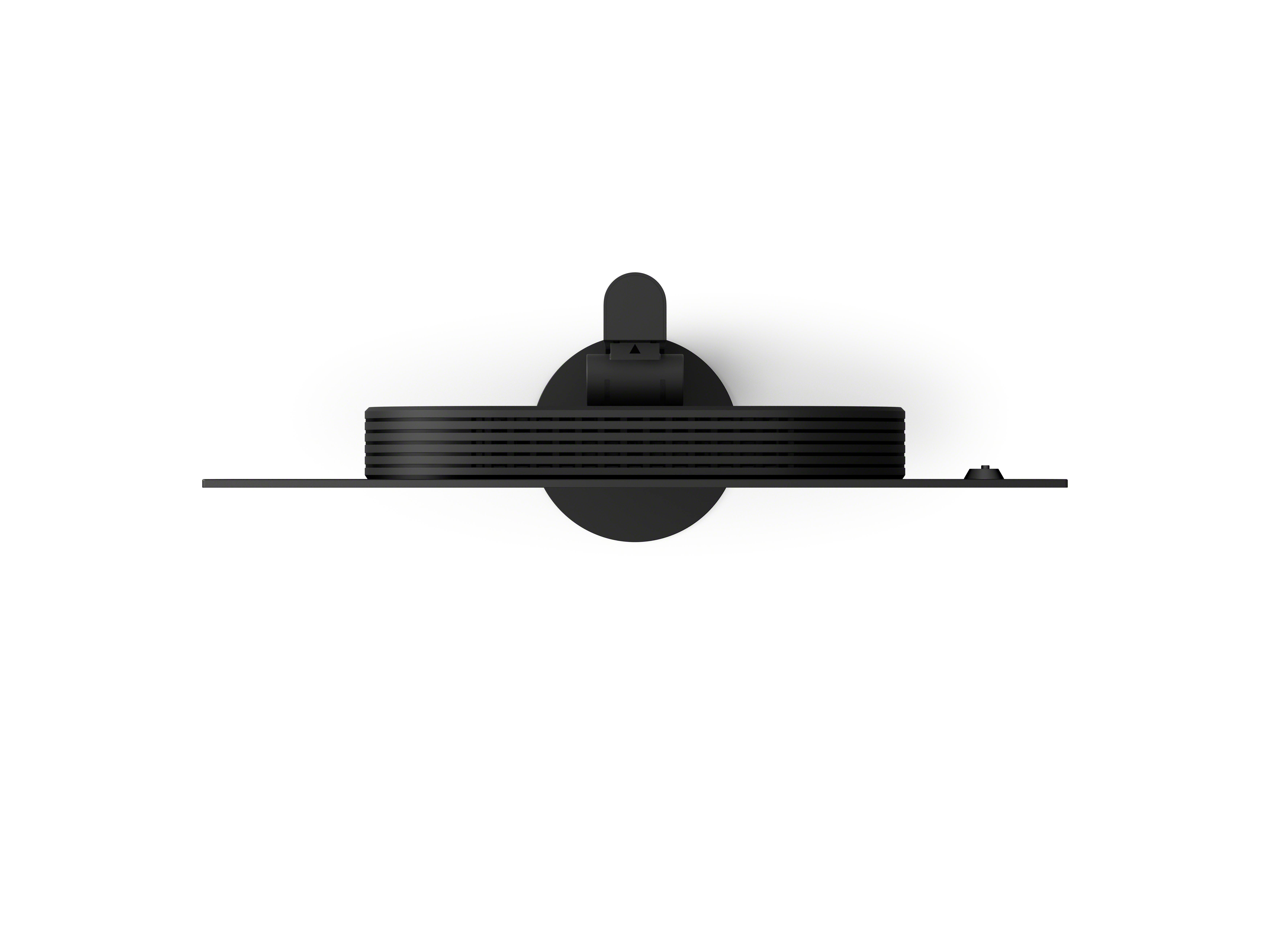 Draufsicht auf eine schwarze Monitorhalterung auf weißem Hintergrund.