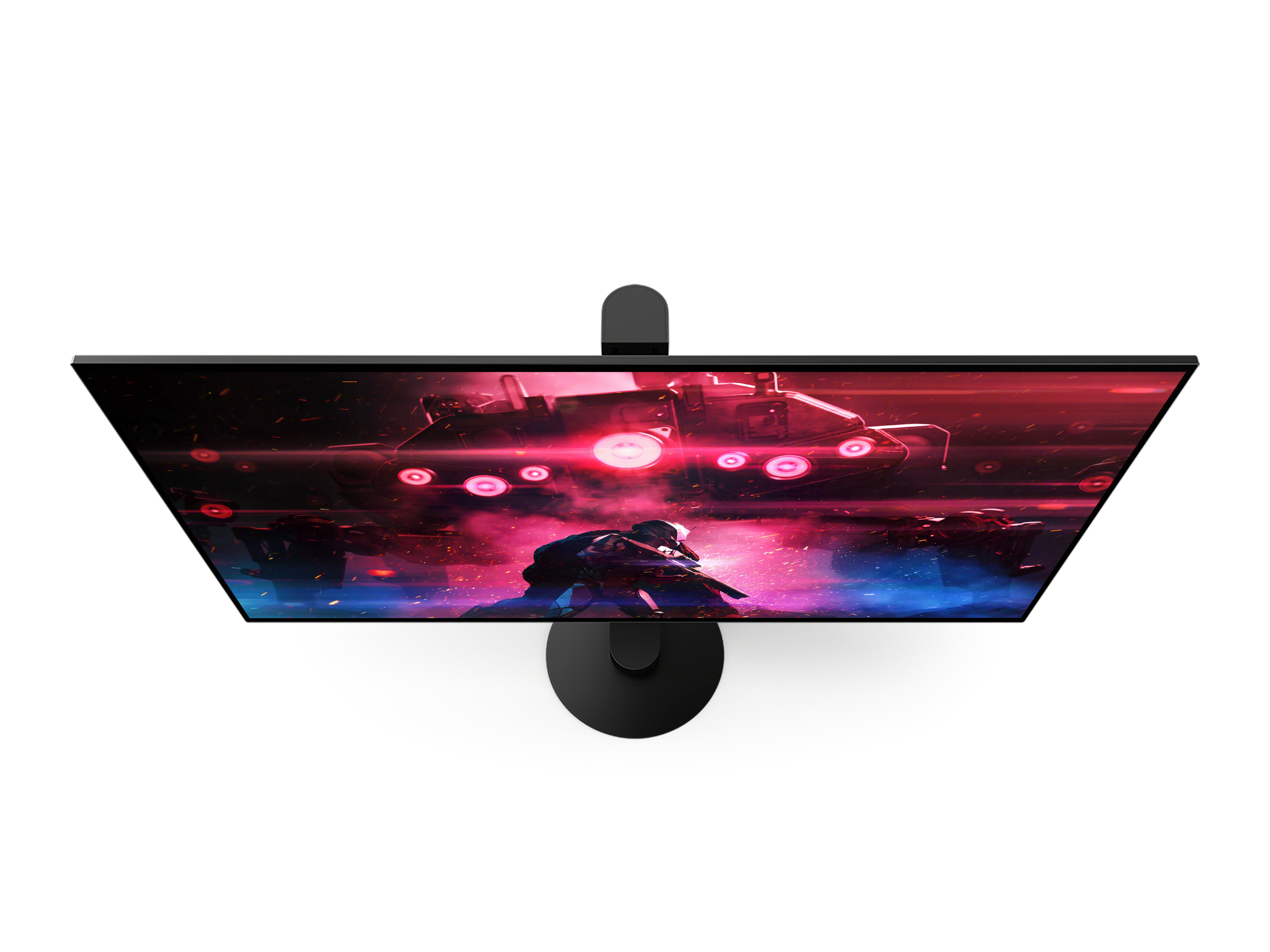 Draufsicht auf einen Monitor, der eine Weltraumszene mit einem Raumschiff und einer Figur zeigt.