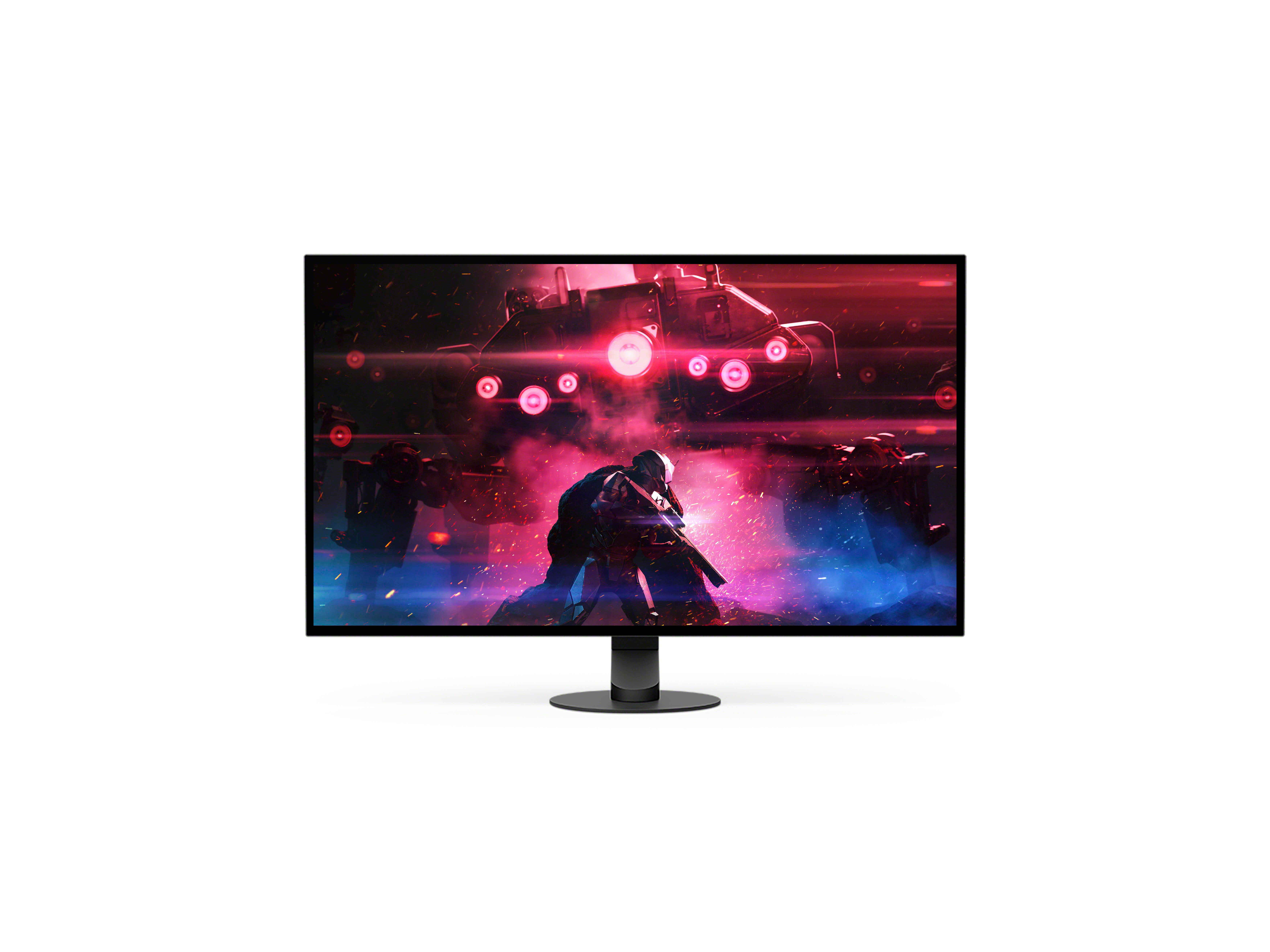 Ein Gaming-Monitor zeigt eine Spielszene mit futuristischen Soldaten und Lichtern.