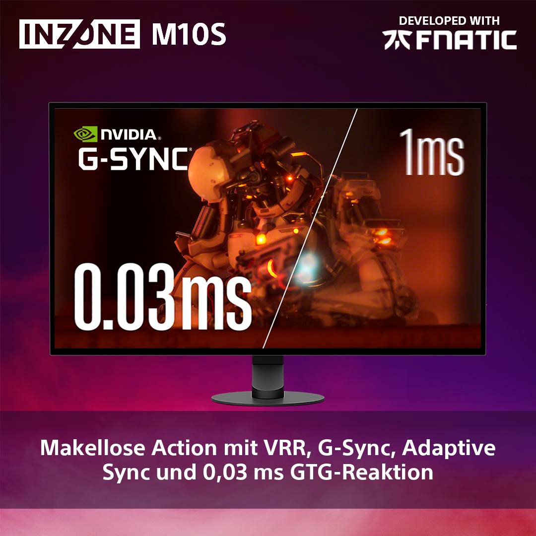 Gaming-Monitor mit Text, der 0,03 ms Reaktionszeit und G-Sync anzeigt.