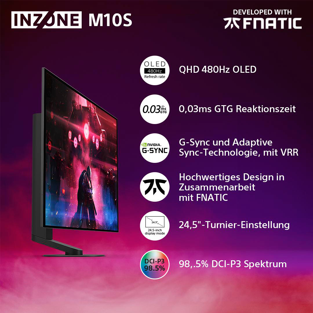 Ein Monitor mit Spezifikationen und Informationen, der Text in verschiedenen Sprachen.