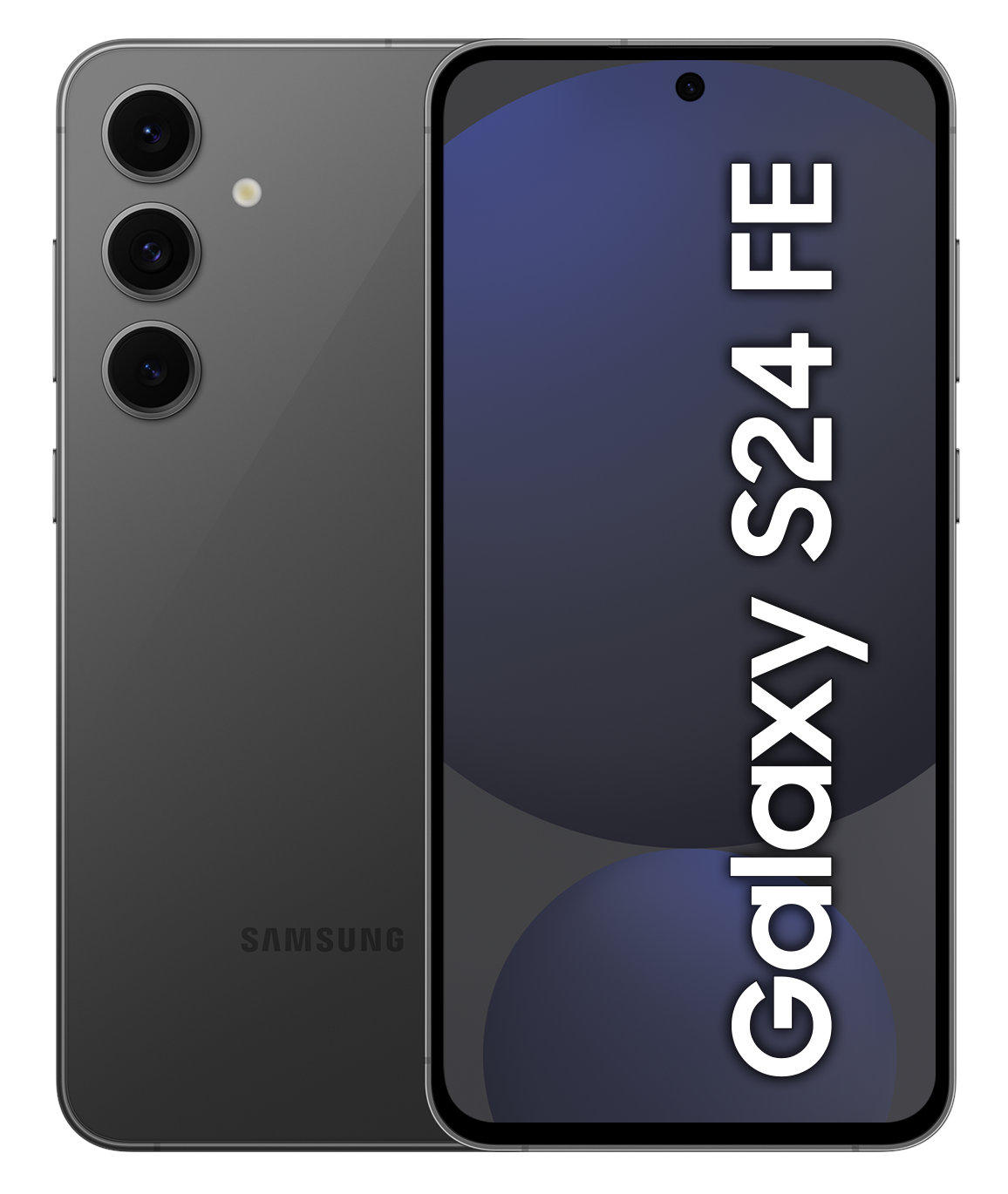 Dwa telefony, jeden czarny, drugi szary, widok z tyłu i z przodu, logo Samsung.