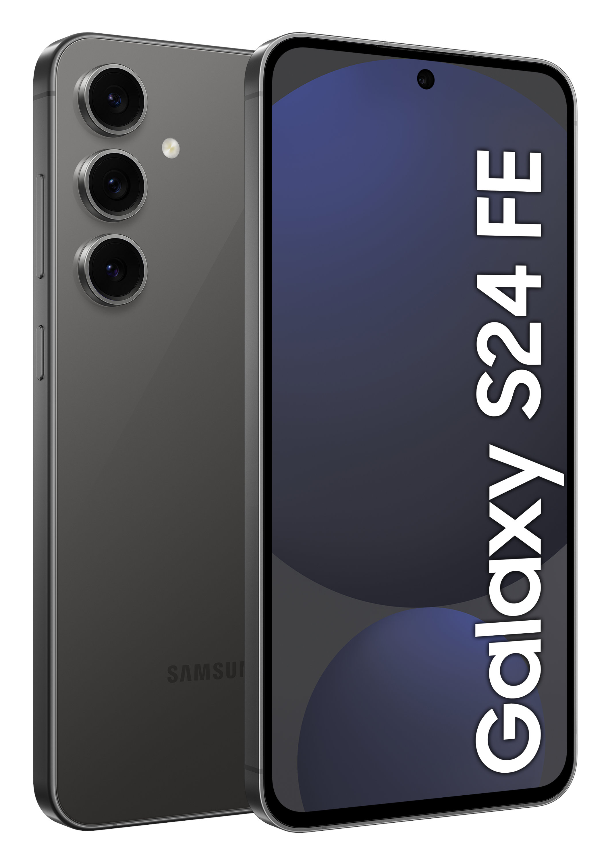 Ciemnoszary telefon Samsung Galaxy S24 FE z trzema aparatami, ekran wyświetla 'Galaxy S24 FE'.