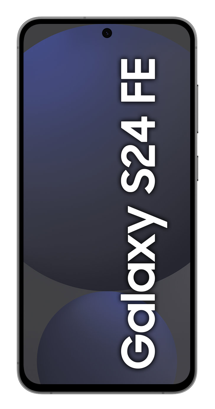 Smartfon Samsung Galaxy S24 FE. Czarny ekran z białym tekstem Galaxy S24 FE.