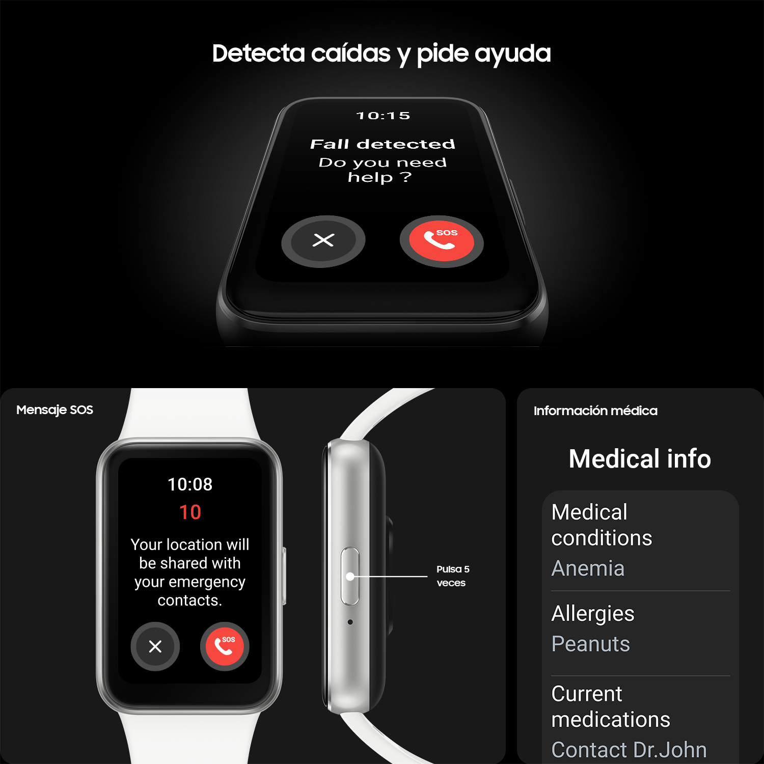 El smartwatch muestra una alerta de detección de caídas con hora y opciones de emergencia. Otros dos relojes muestran mensajes e info médica.