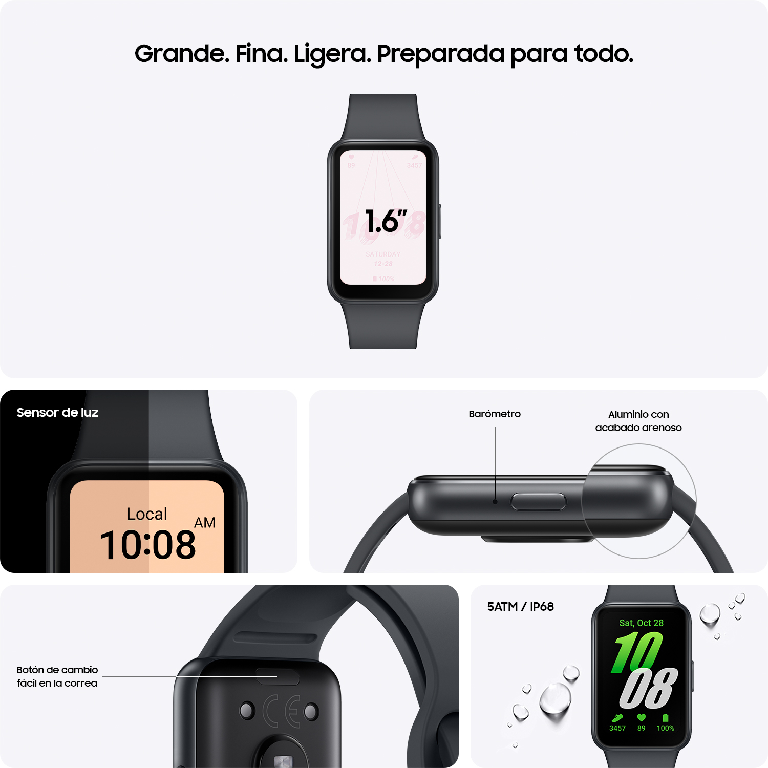Reloj inteligente con correa gris oscuro. Pantalla muestra hora y especificaciones. Detalles muestran sensor de luz, etc.