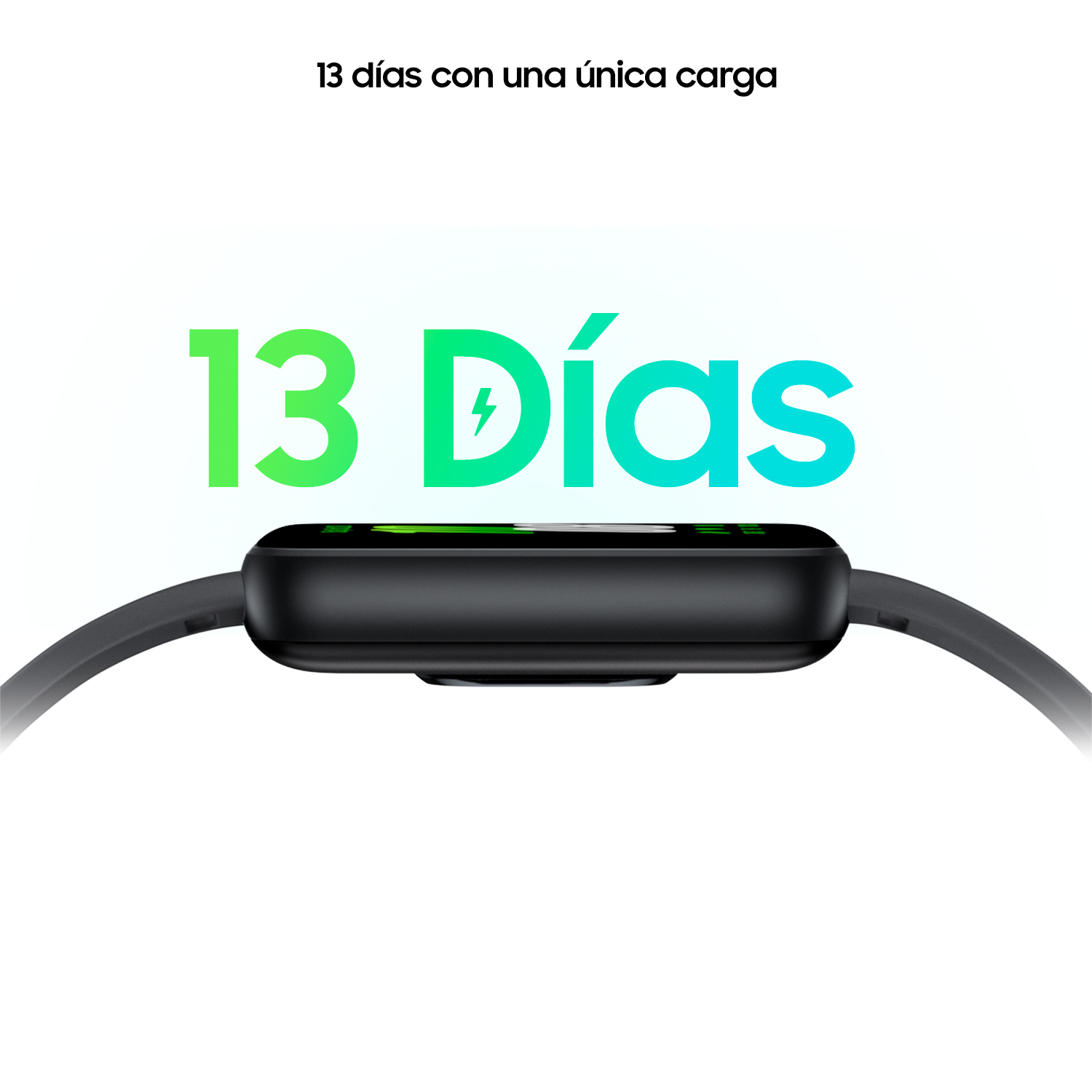 Un reloj inteligente muestra 13 días de duración de batería con pantalla y texto verdes.