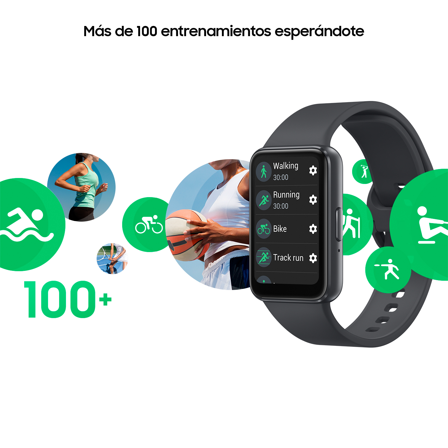 Interfaz de reloj inteligente que muestra opciones de entrenamiento con iconos para correr, andar en bicicleta y caminar.
