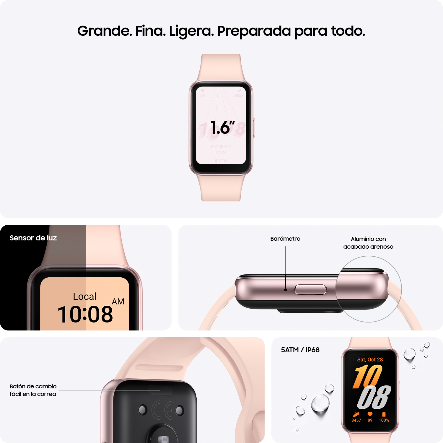 Un smartwatch rosa con detalles: pantalla, sensor de luz, parte trasera y correa.