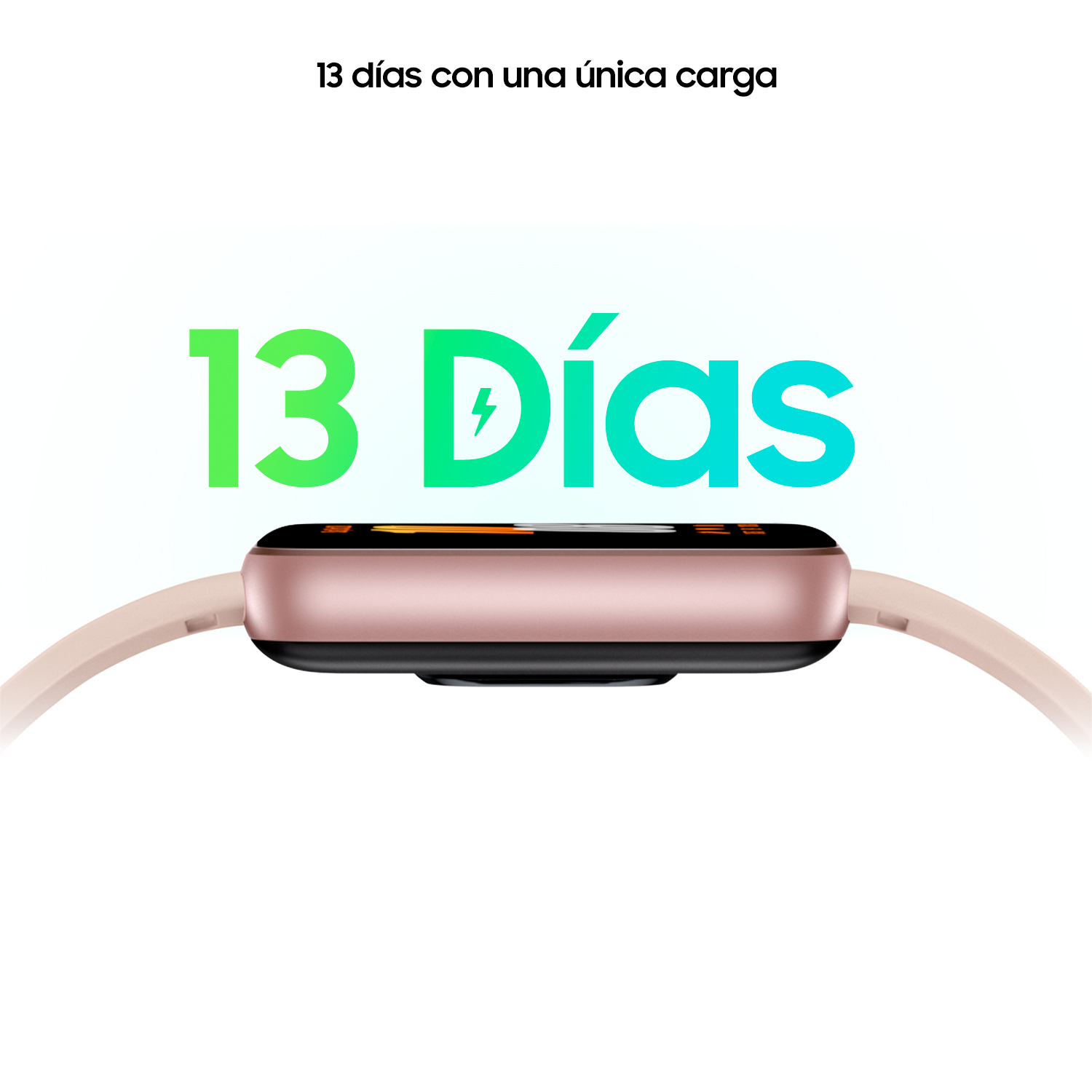 Un smartwatch muestra una banda rosa con fondo blanco, mostrando 13 días de batería.