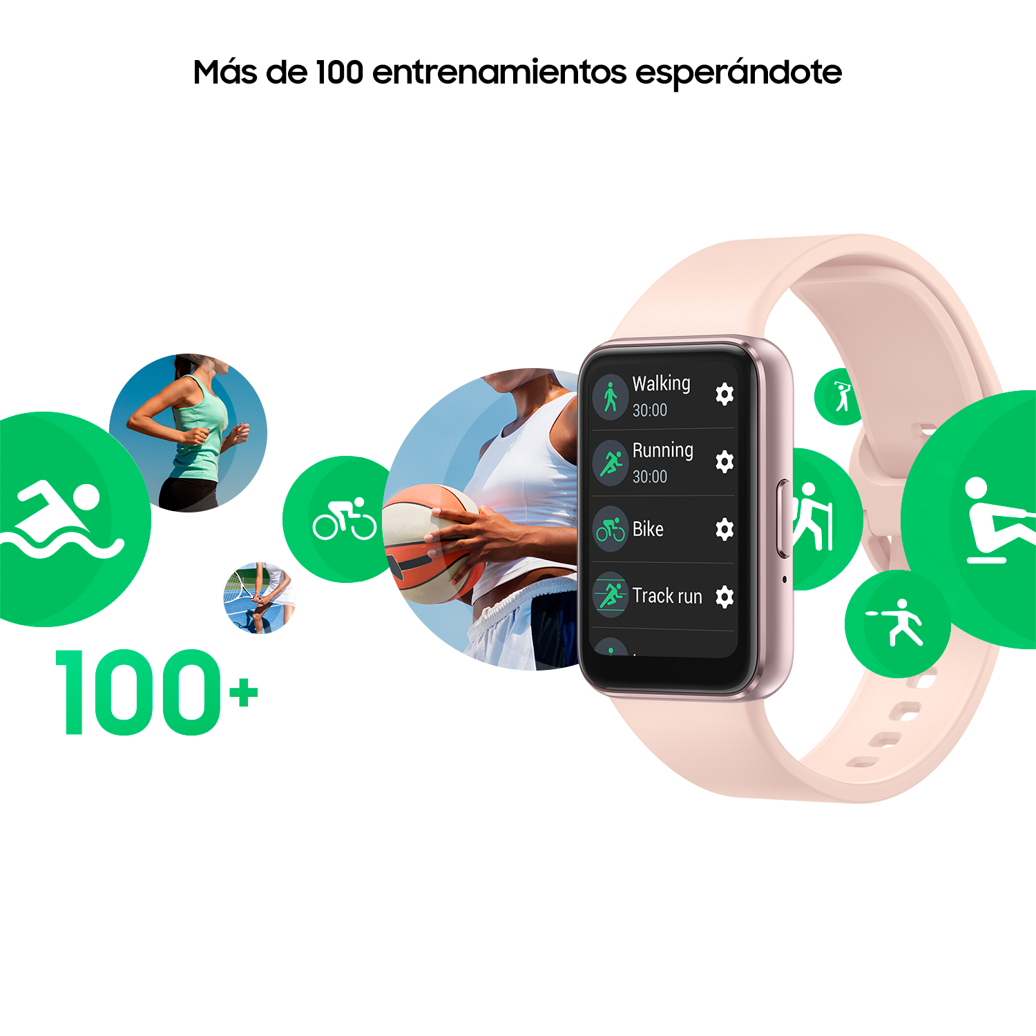 Un smartwatch con banda rosa mostrando opciones de entrenamiento. El fondo muestra personas haciendo ejercicio.
