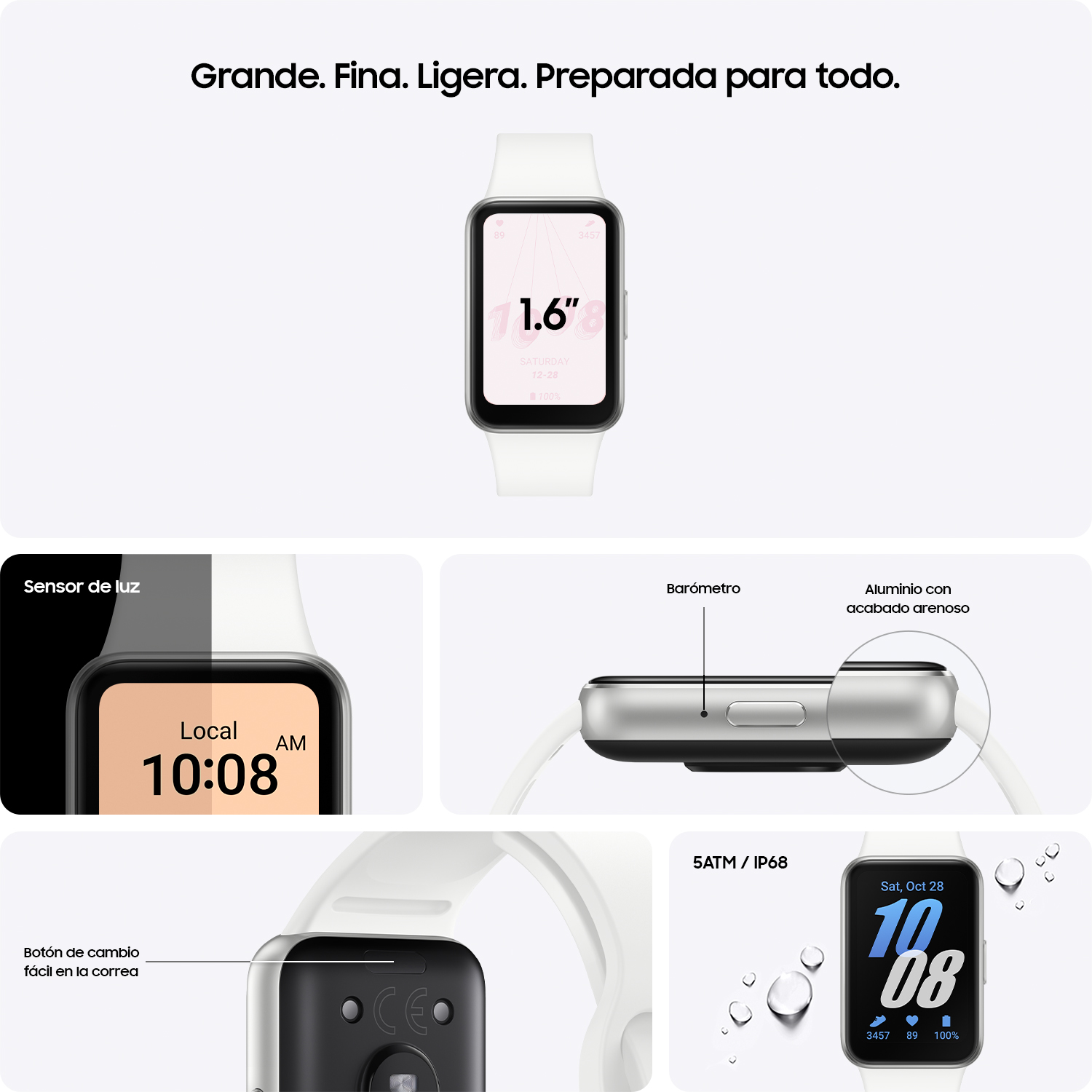 Smartwatch blanca con primeros planos detallados de sus características y componentes.