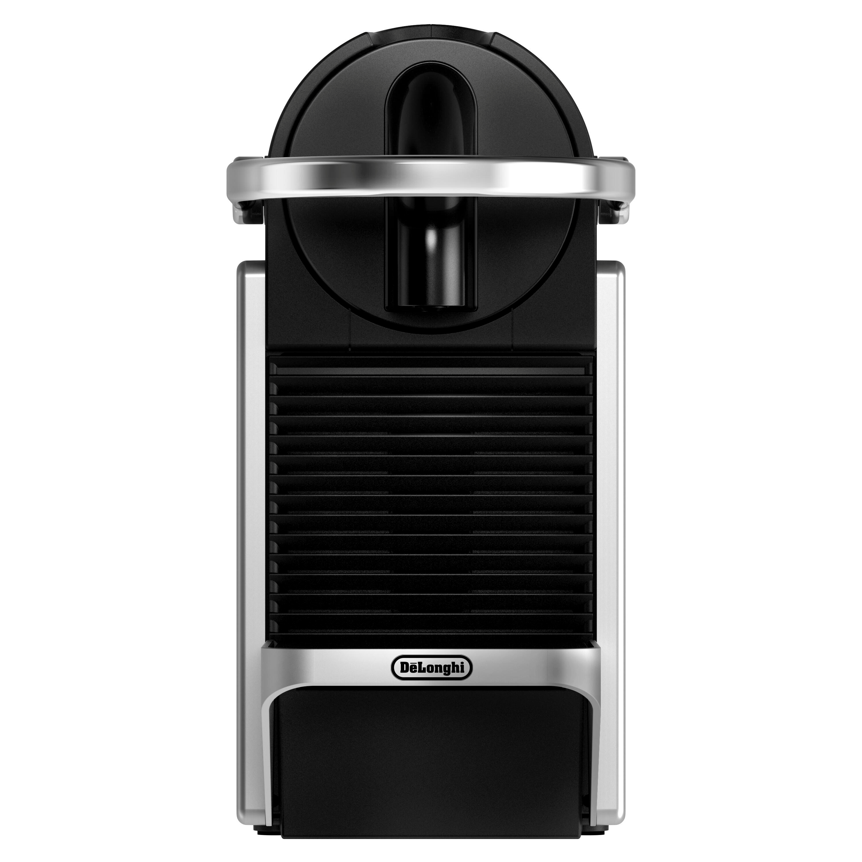 Eine schwarze und silberne Nespresso-Kaffeemaschine mit Delonghi-Branding.