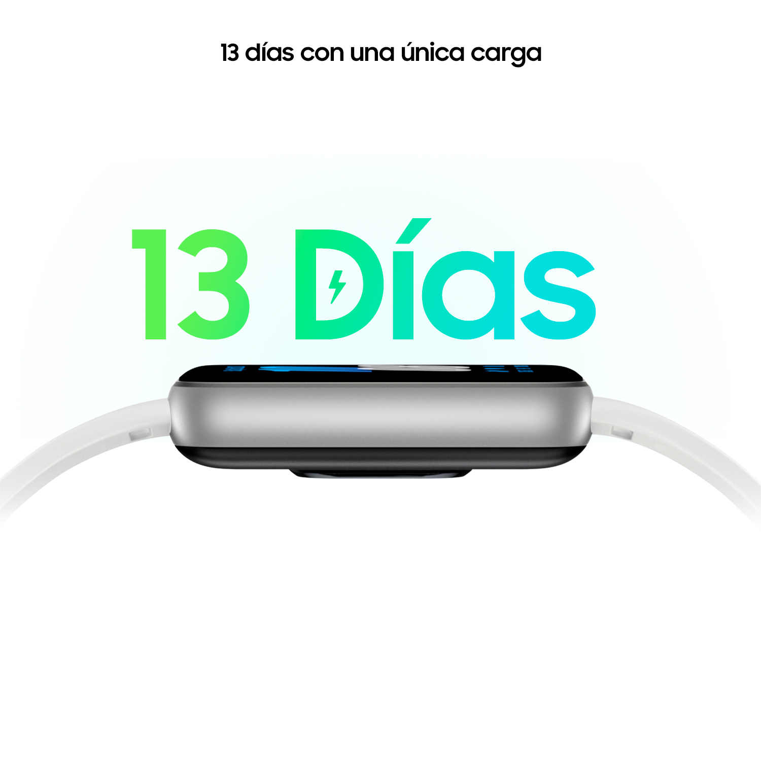 Un smartwatch con banda blanca y un gráfico verde y blanco con texto: 13 Días.