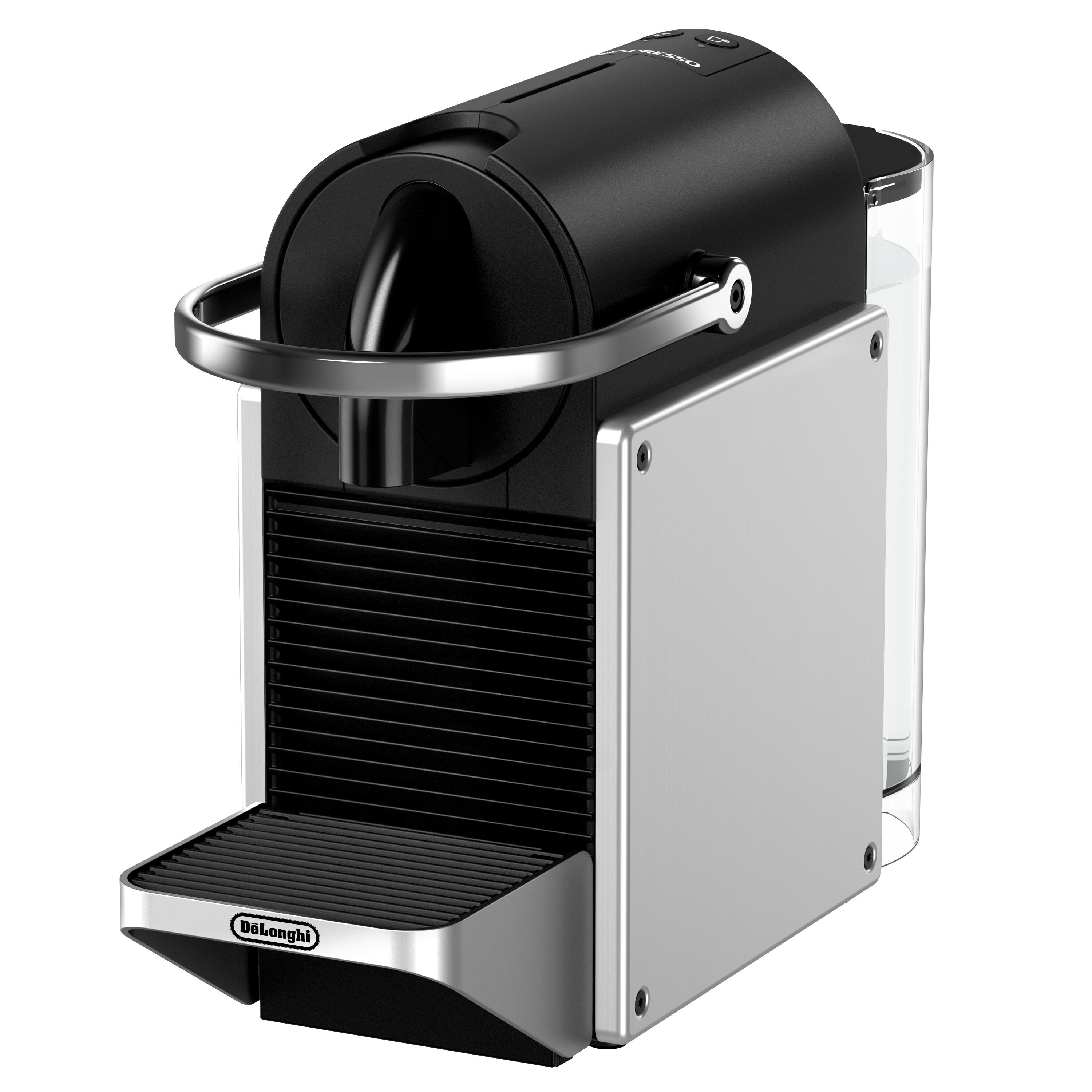 Eine schwarze und silberne Nespresso-Maschine. Sie hat einen silbernen Griff und einen Wassertank. Die Marke ist DeLonghi.