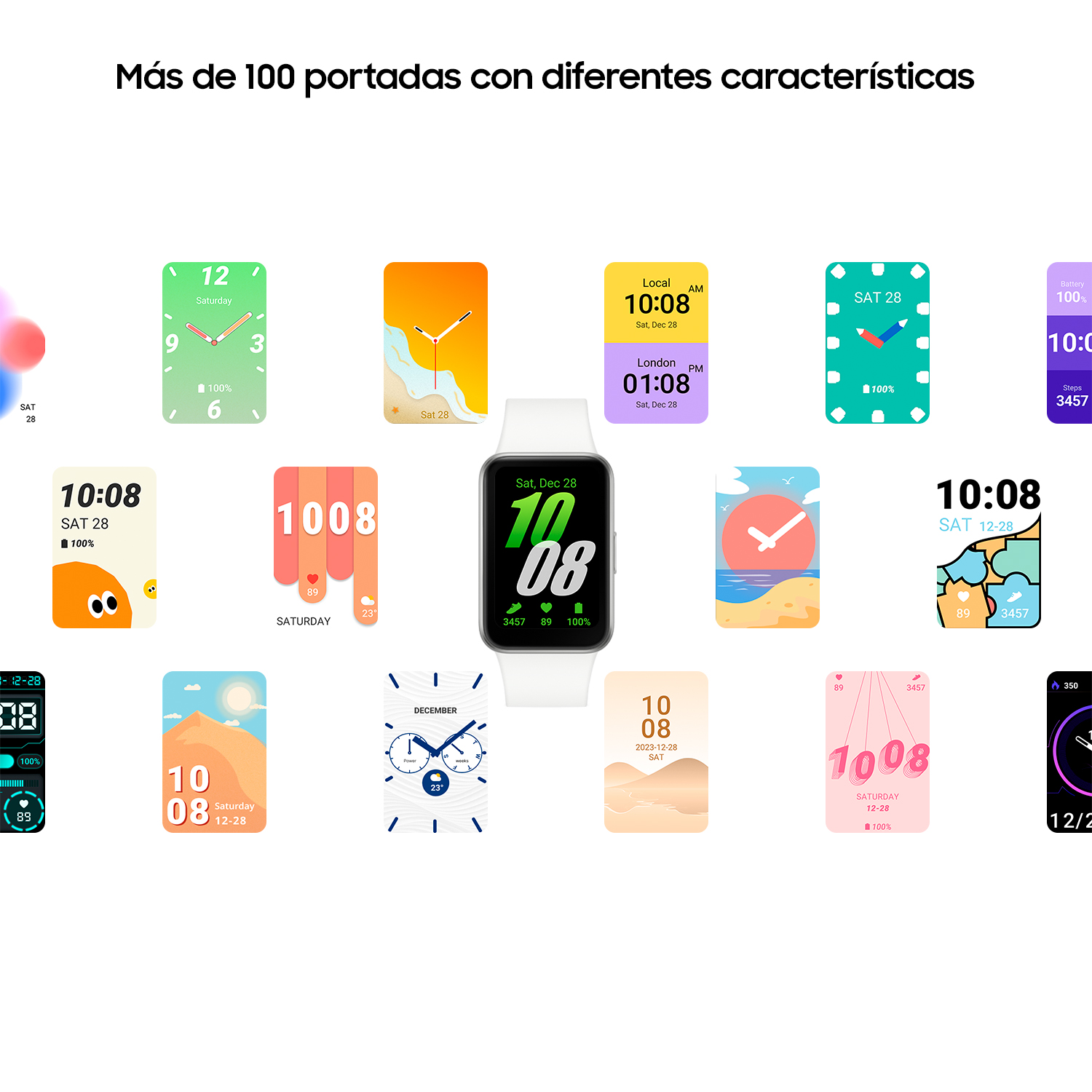 Múltiples esferas de reloj inteligente mostradas. Varios diseños con hora, fecha y métricas de salud visibles.