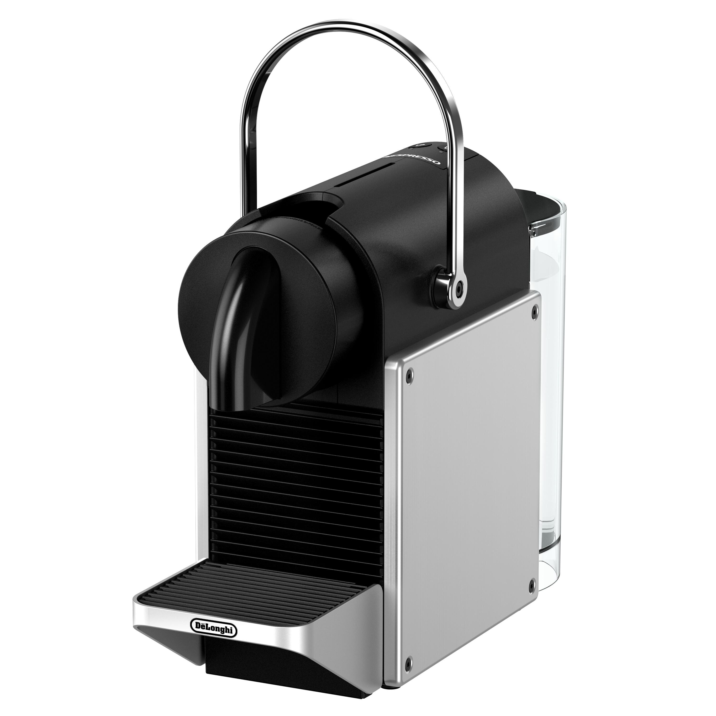 Schwarze und silberne Nespresso-Kaffeemaschine, isoliert auf weißem Hintergrund.