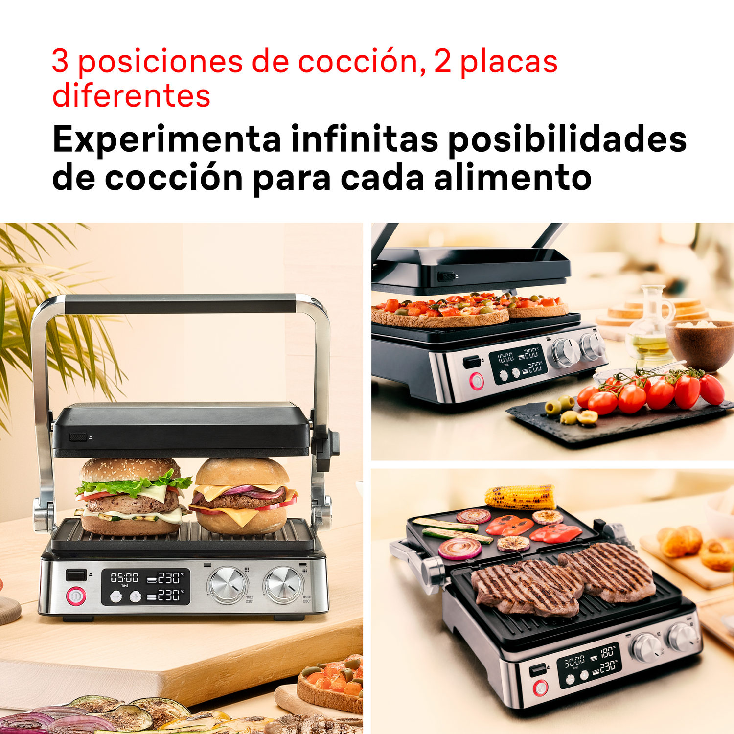 Parrilla con tres posiciones de cocción, mostrando dos hamburguesas, tomates y filete a la parrilla.