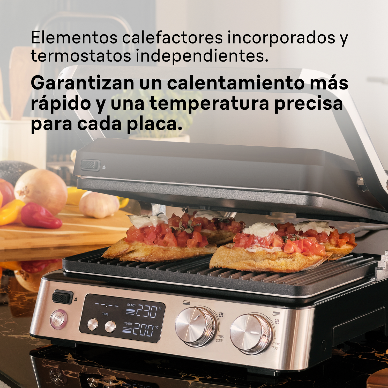 Parrilla con comida. Texto: Elementos calefactores incorporados y termostatos.