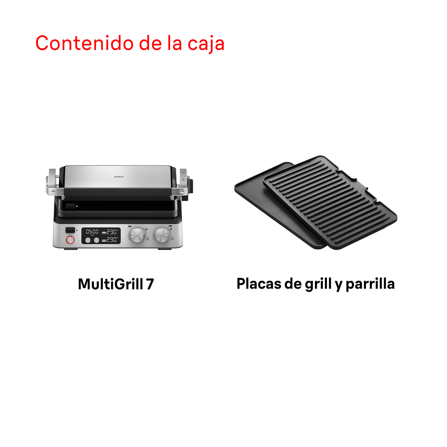 Un MultiGrill 7 y placas para asar se muestran sobre una superficie blanca.