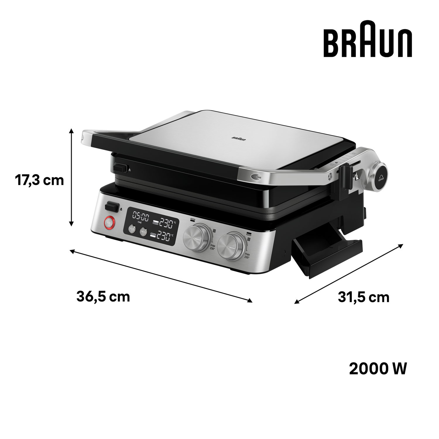 Una parrilla Braun negra y plateada con dimensiones y una potencia de 2000 W.