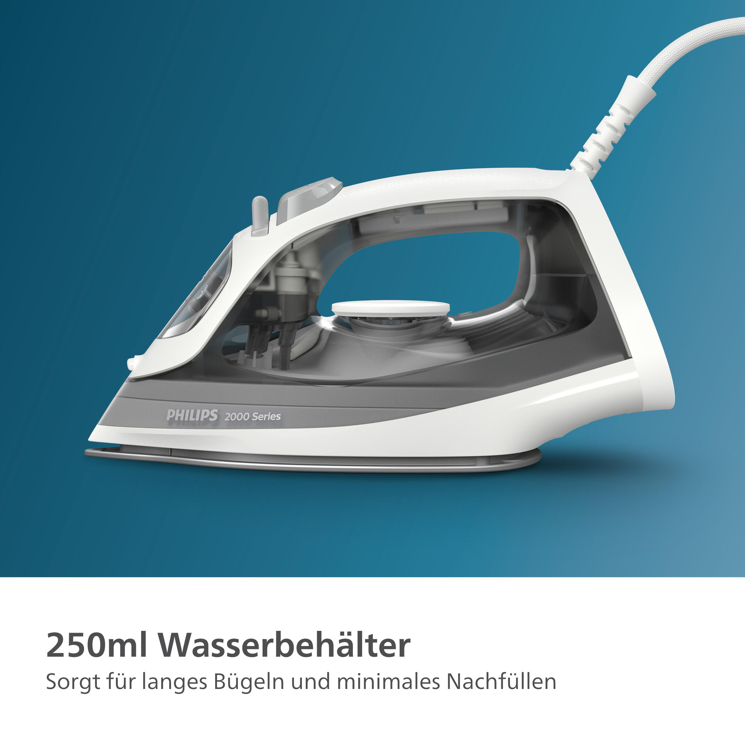 Weißes und graues Bügeleisen auf blauem Hintergrund. Philips 2000 Series.