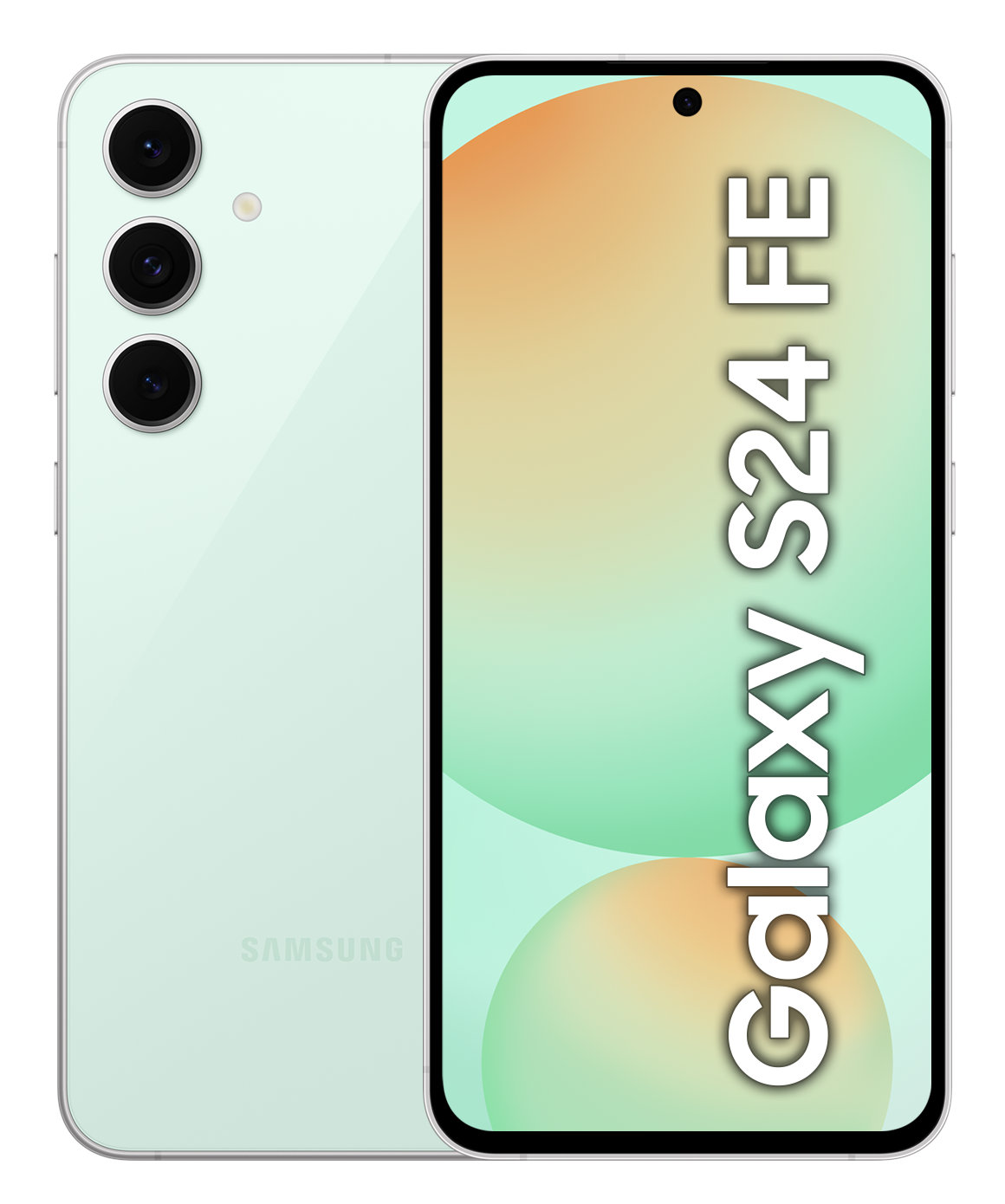 Zielony telefon Samsung Galaxy S24 FE z aparatem, biały tekst.