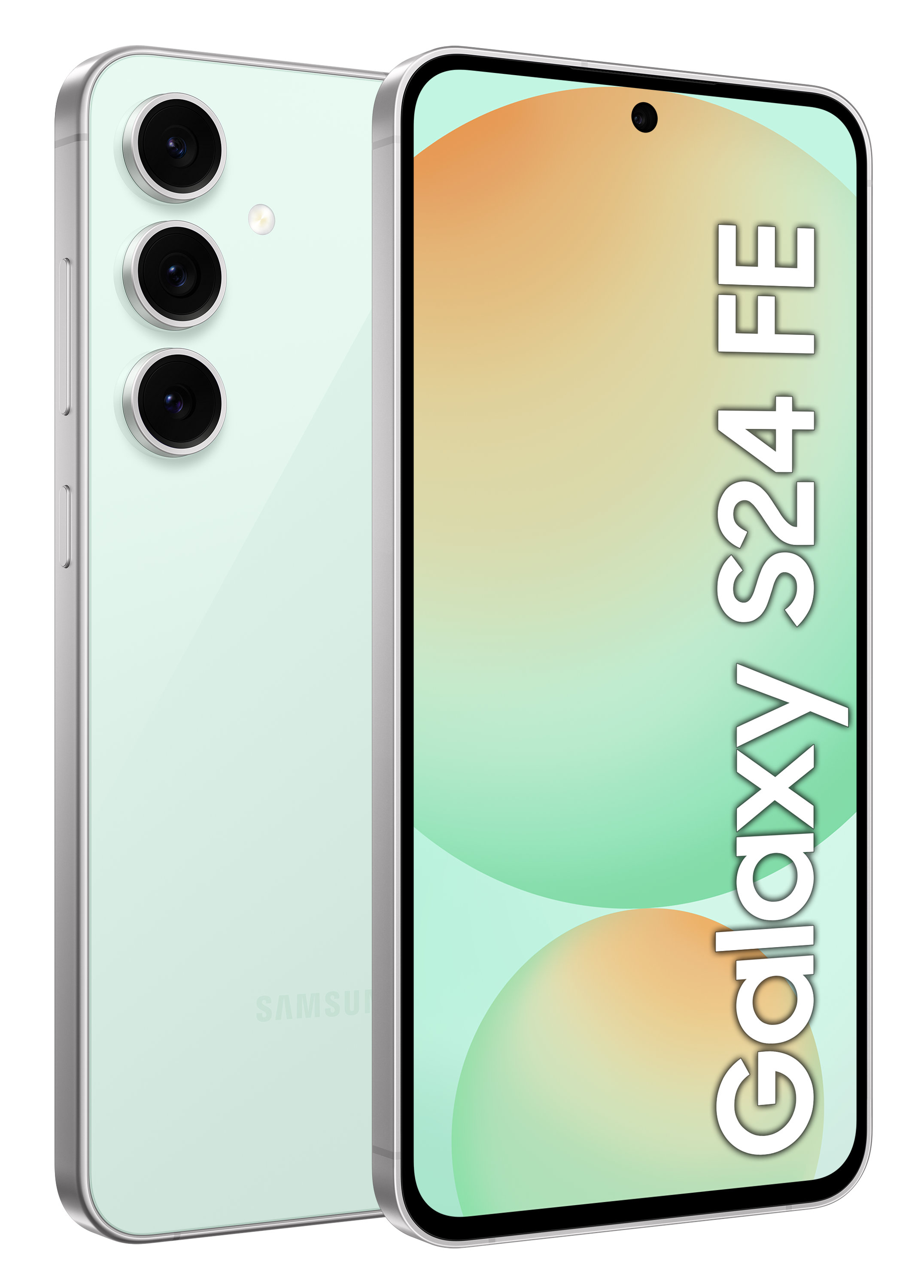 Miętowy smartfon Galaxy S24 FE, widok z przodu i z tyłu.