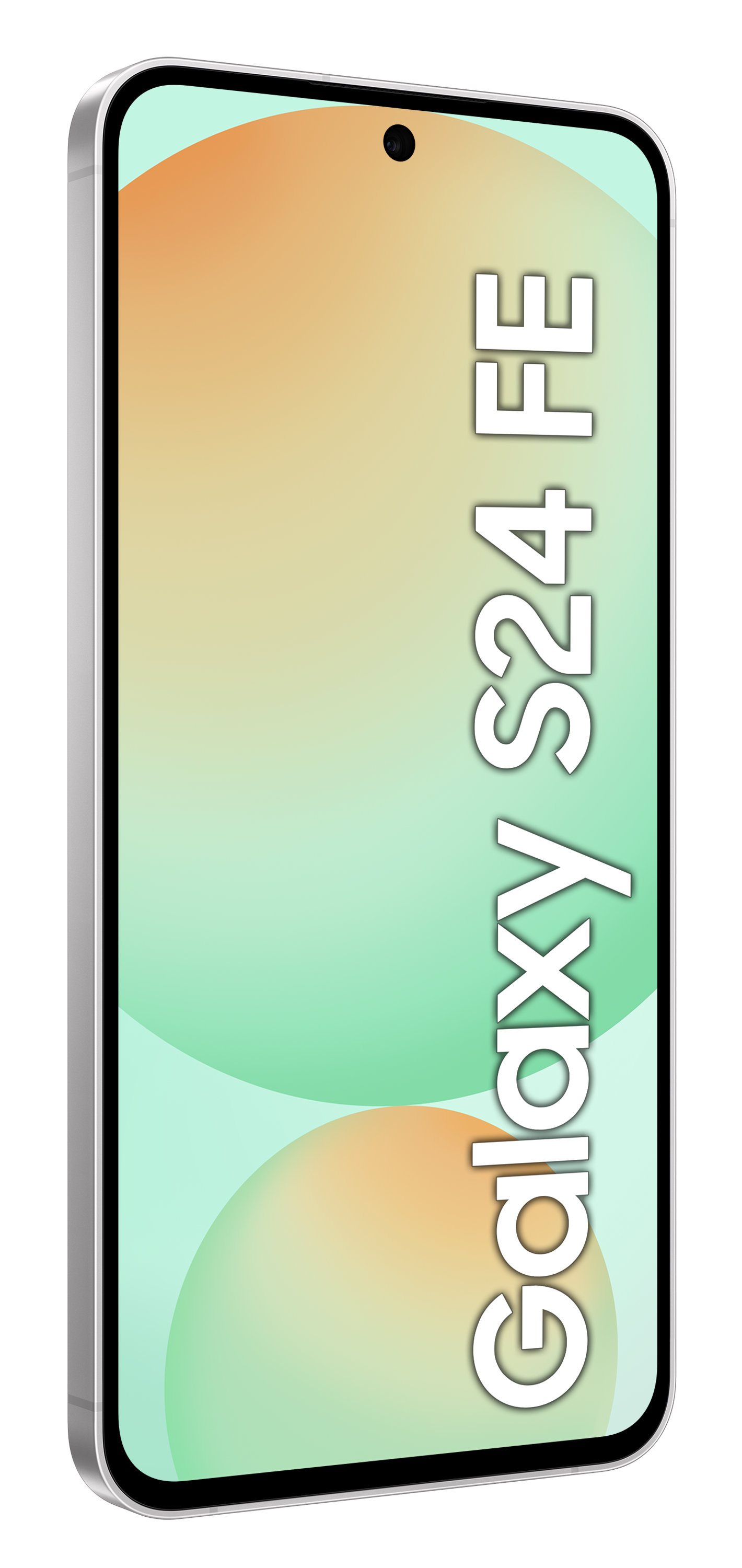 Srebrny smartfon z białym ekranem i napisem "Galaxy S24 FE" pionowo.