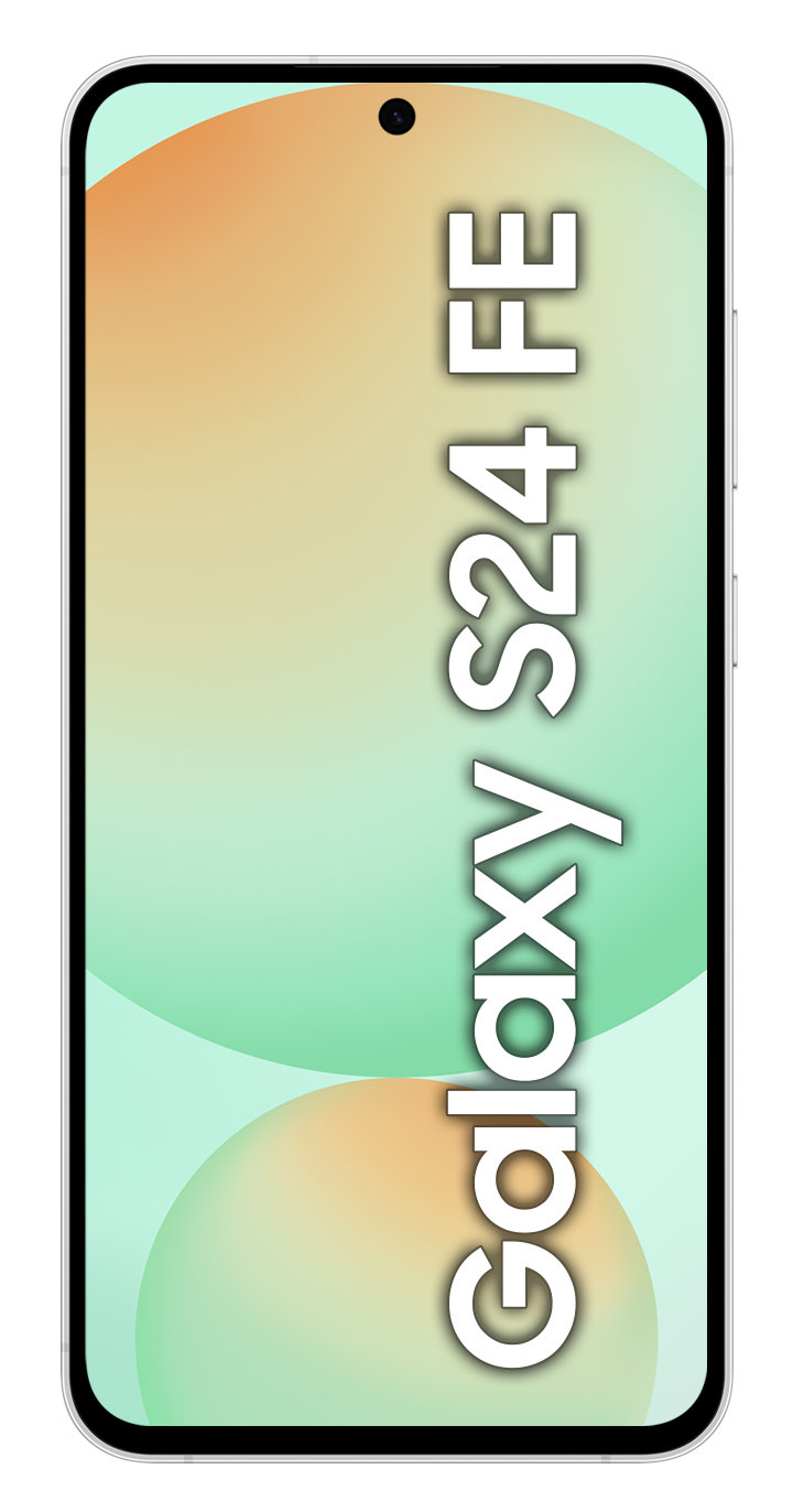 Smartfon Samsung Galaxy S24 FE z zielono-pomarańczowym gradientowym tłem.