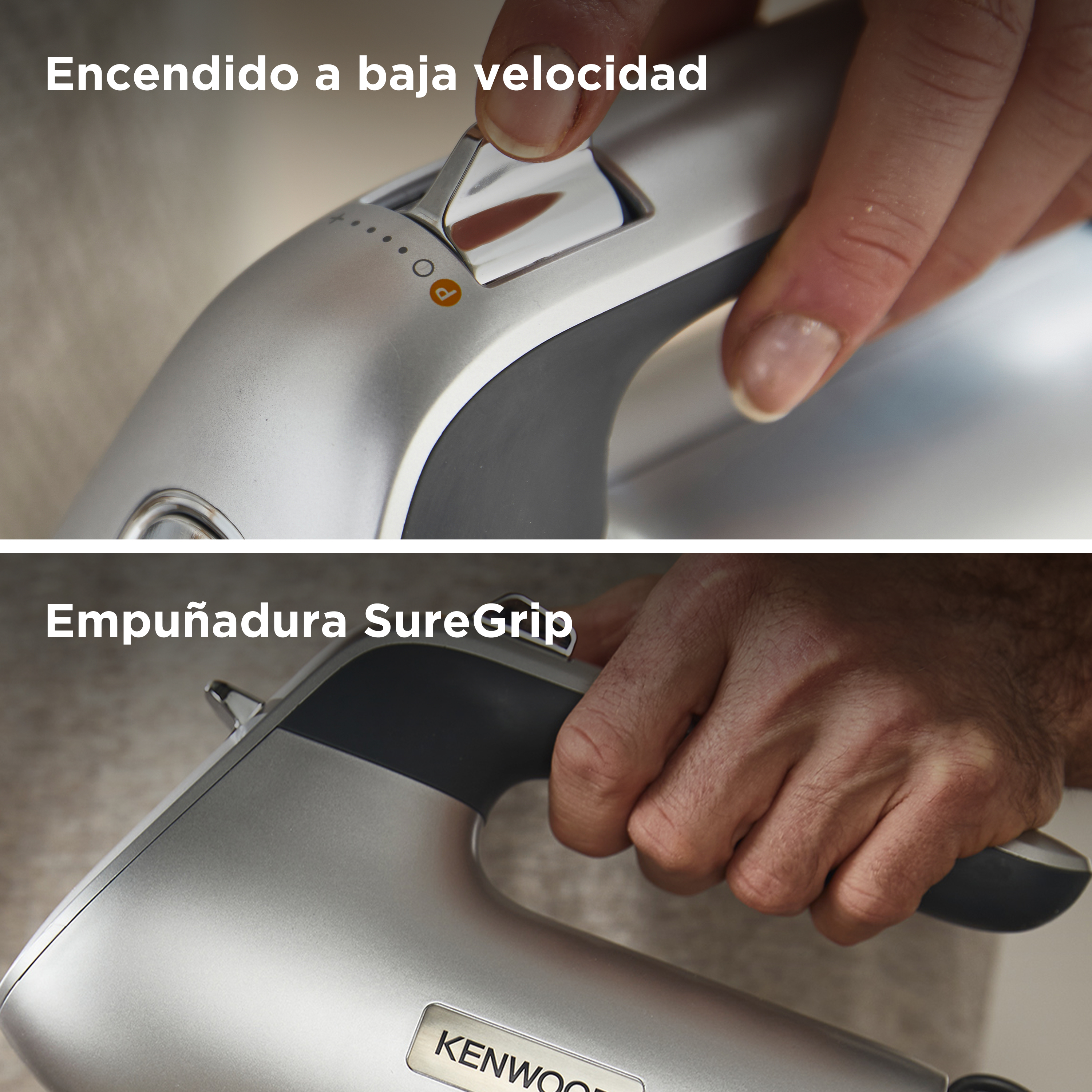 Primer plano de batidora de mano. Cuerpo plateado, mango negro. Mano gira el dial.