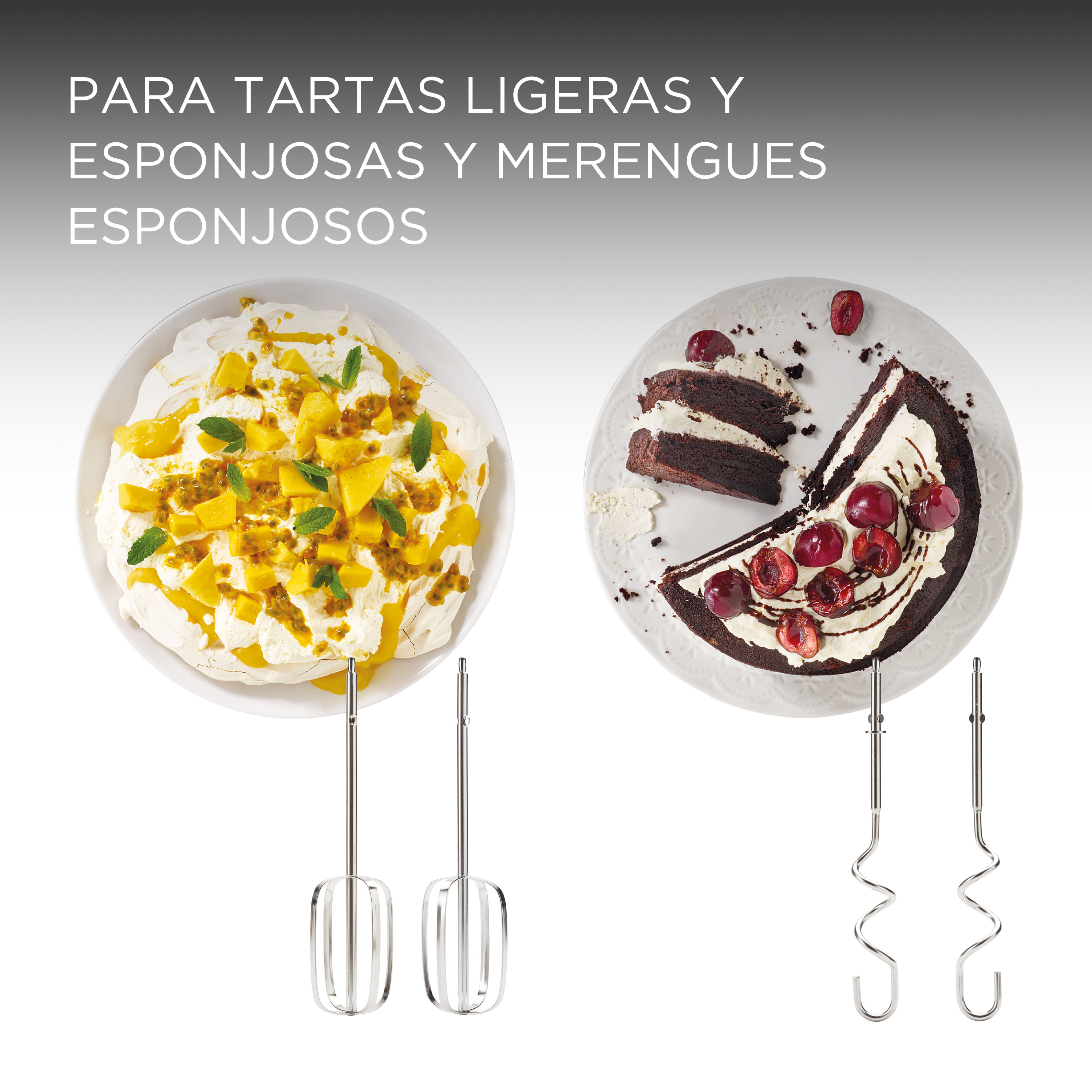 Dos platos de comida y dos batidores. Texto: Para bizcochos y merengues ligeros.