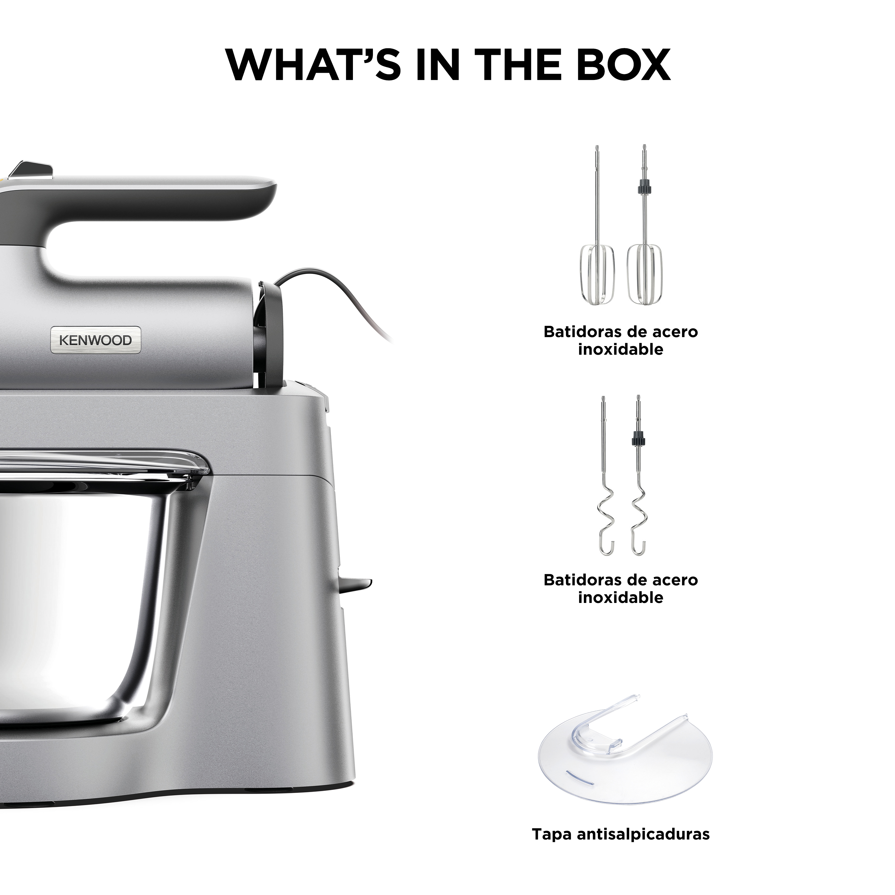 Batidora de cocina con accesorios. Tiene un cuerpo plateado con el nombre KENWOOD y batidores de acero inoxidable.