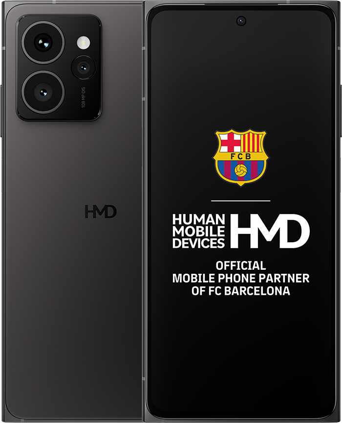 Egy fekete HMD telefon, a hátlapot és a képernyőt mutatja az FC Barcelona logójával.