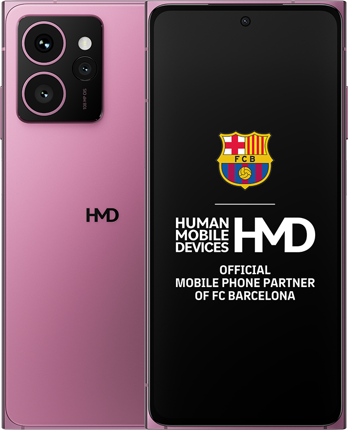 Rózsaszín HMD telefon, FC Barcelona logóval, kettős kamerával és a HMD logóval a hátoldalon.